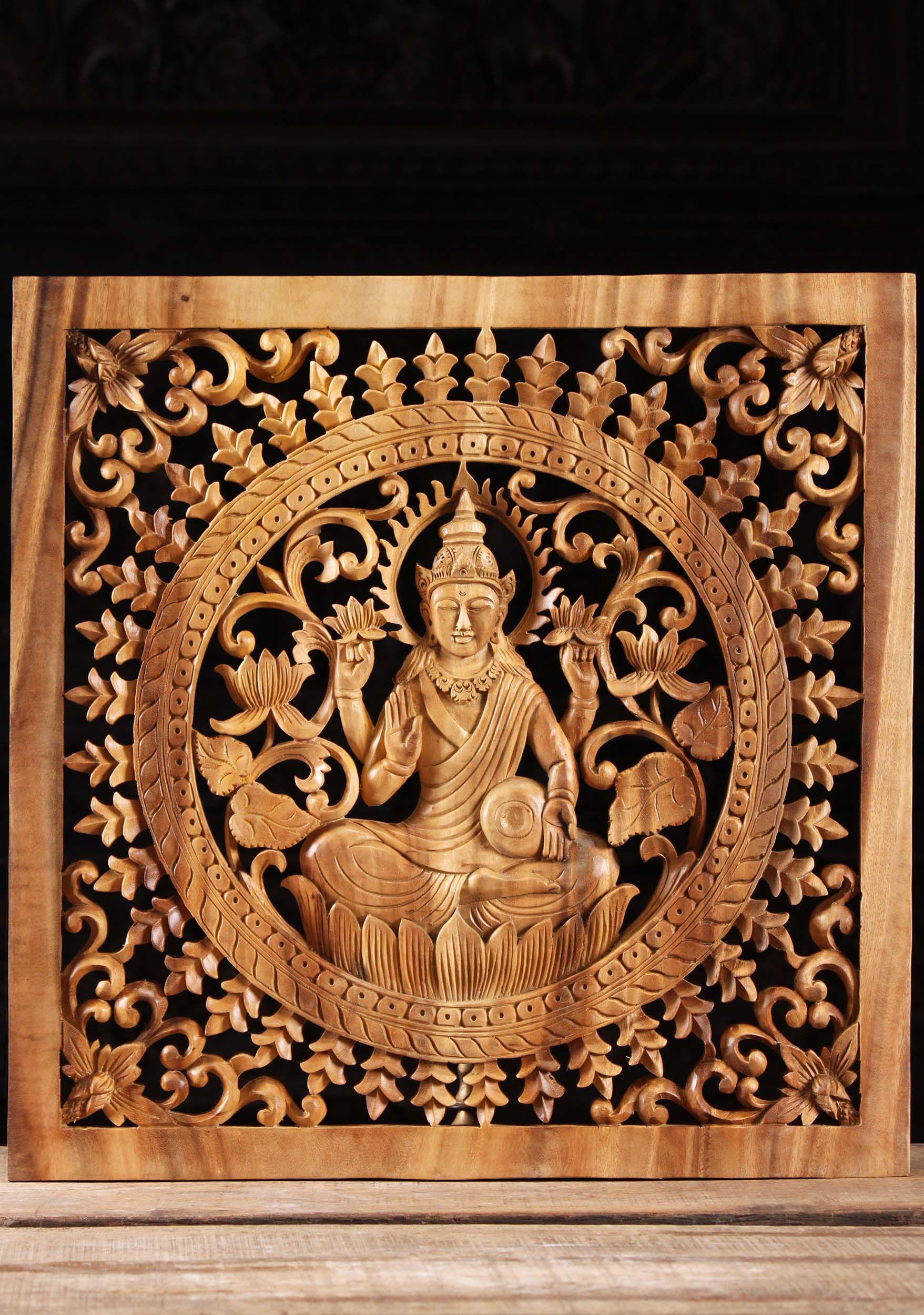 Wood Lakshmi Wall Panel with Floral Designs 24"