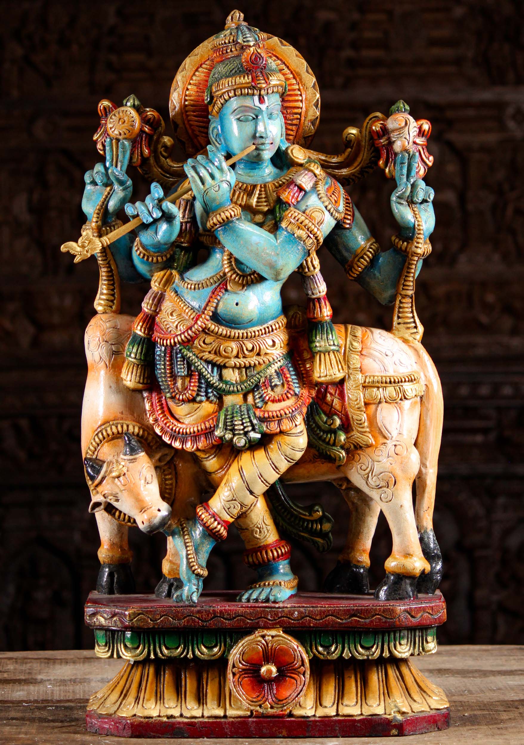 Wood Blue Krishna with Cow Licking His Foot 30"