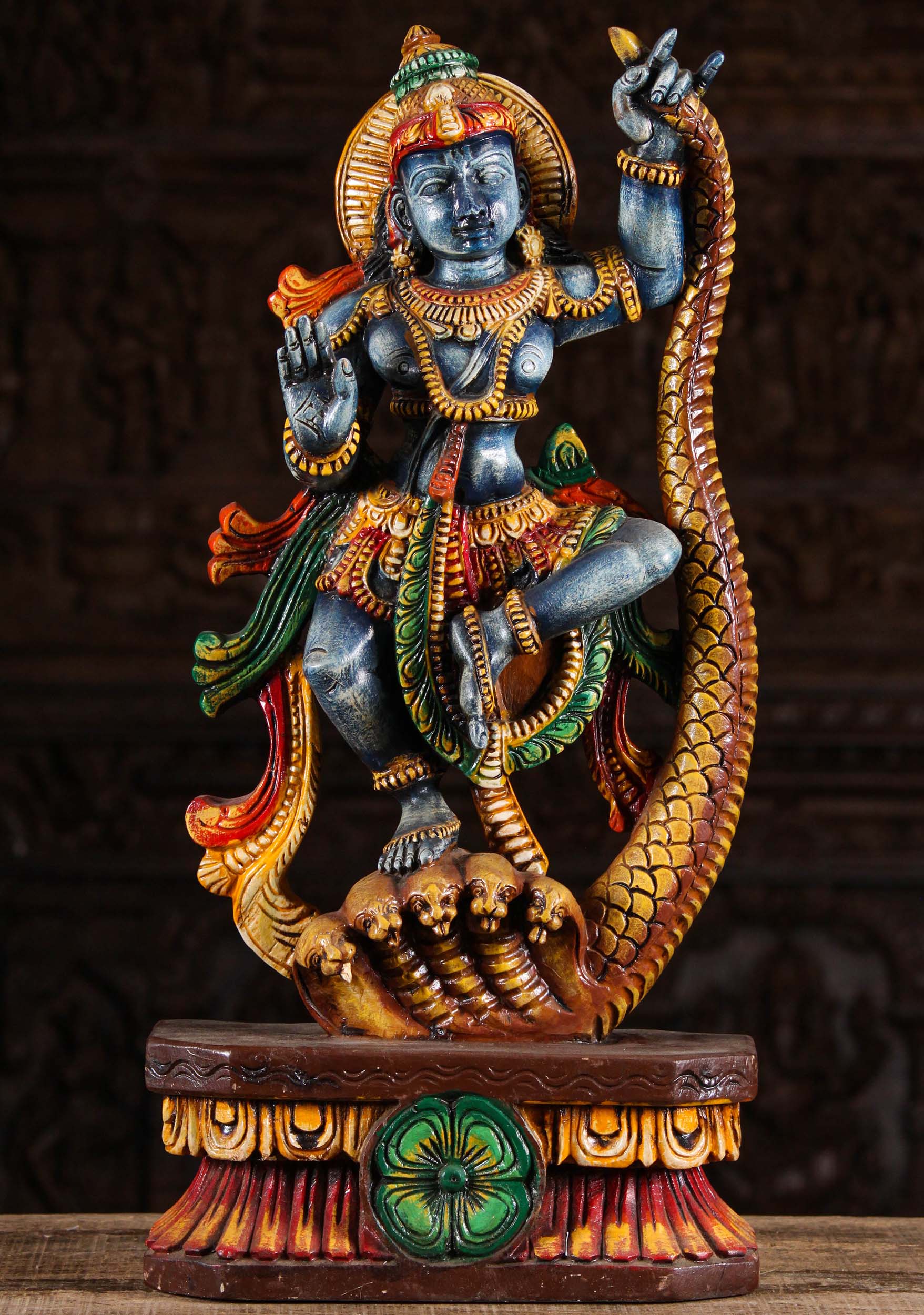 SOLD Blue Wood Painted Kalinga Krishna Statue 24" (#96w1ef): Hindu Gods