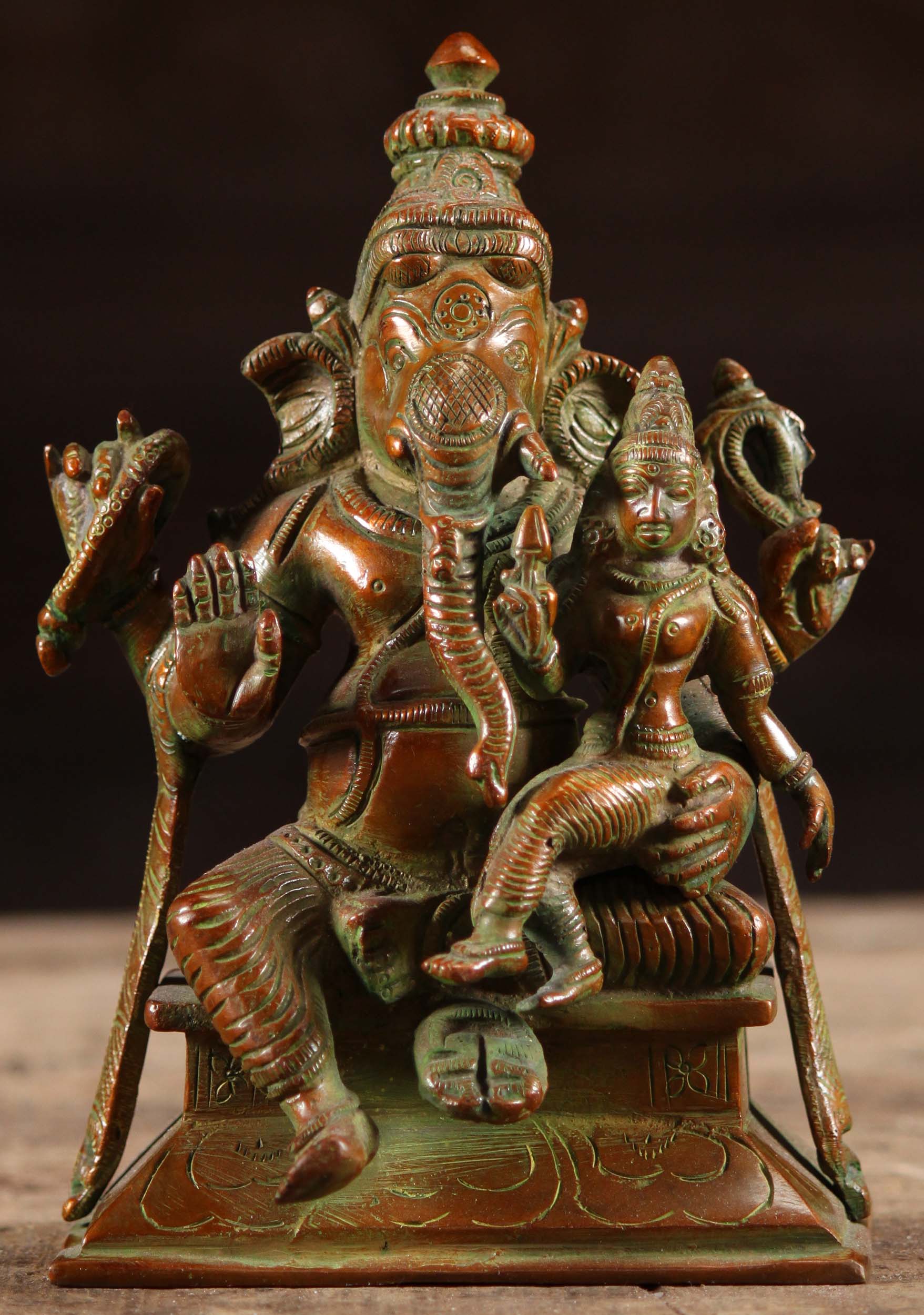 Brass Ganesh Statue with Lakshmi on His Lap & Hand with Palm Open in Abhaya Mudra 7"