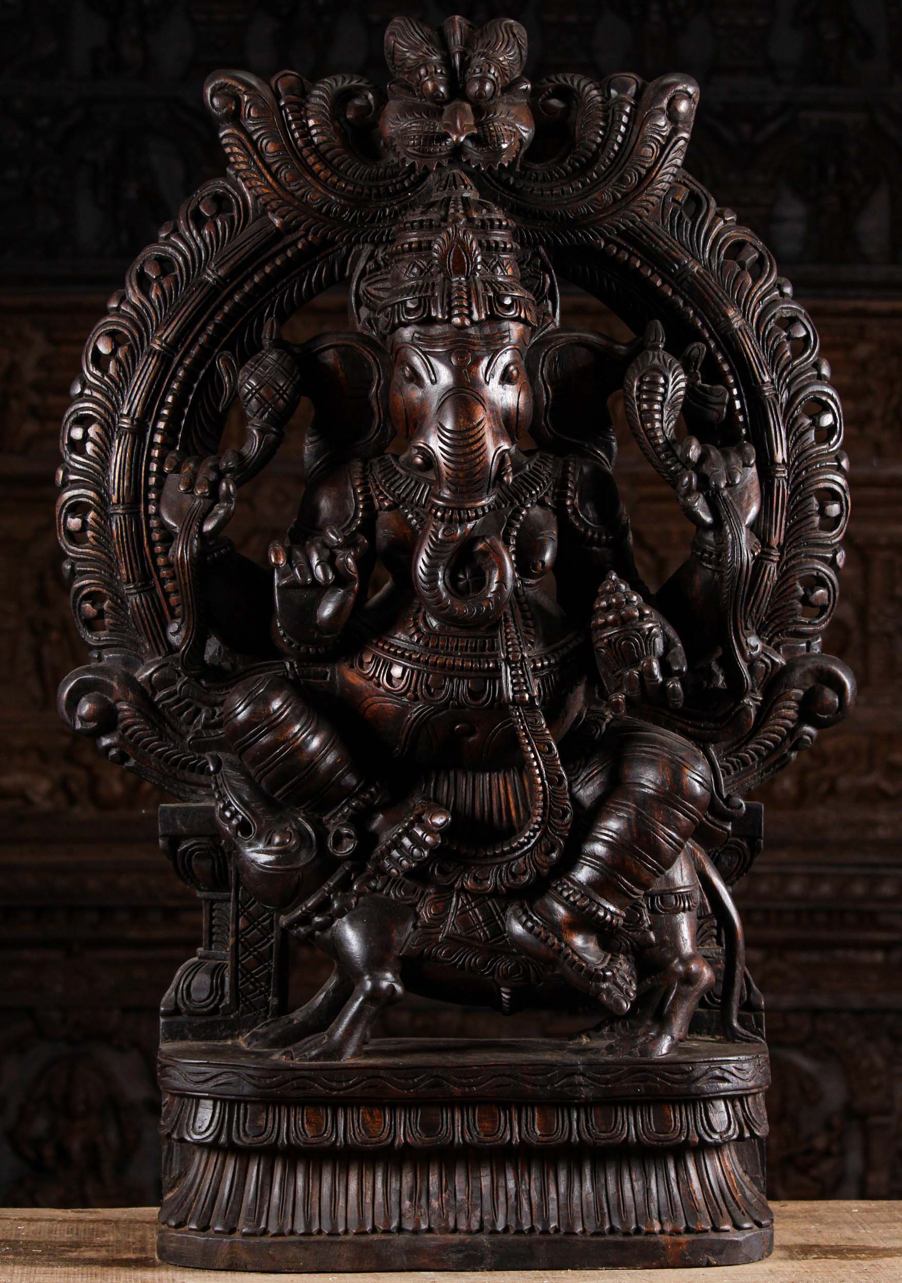 Dark Wood Ganesh Seated on Rat Under Arch 36"