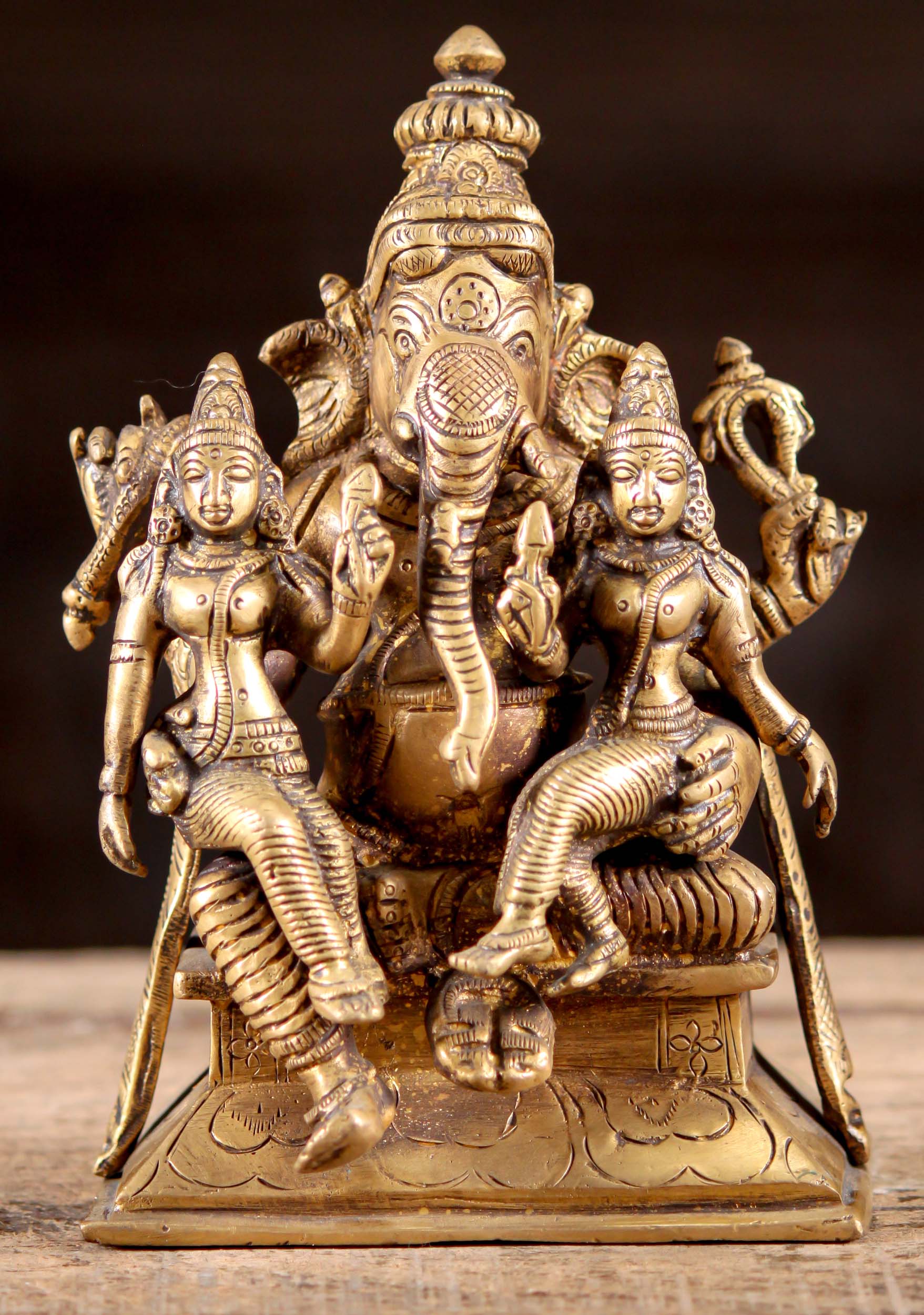 Brass Ganesh Statue with Siddhi who Represents Success & Buddhi who Represents Intelligence 7"