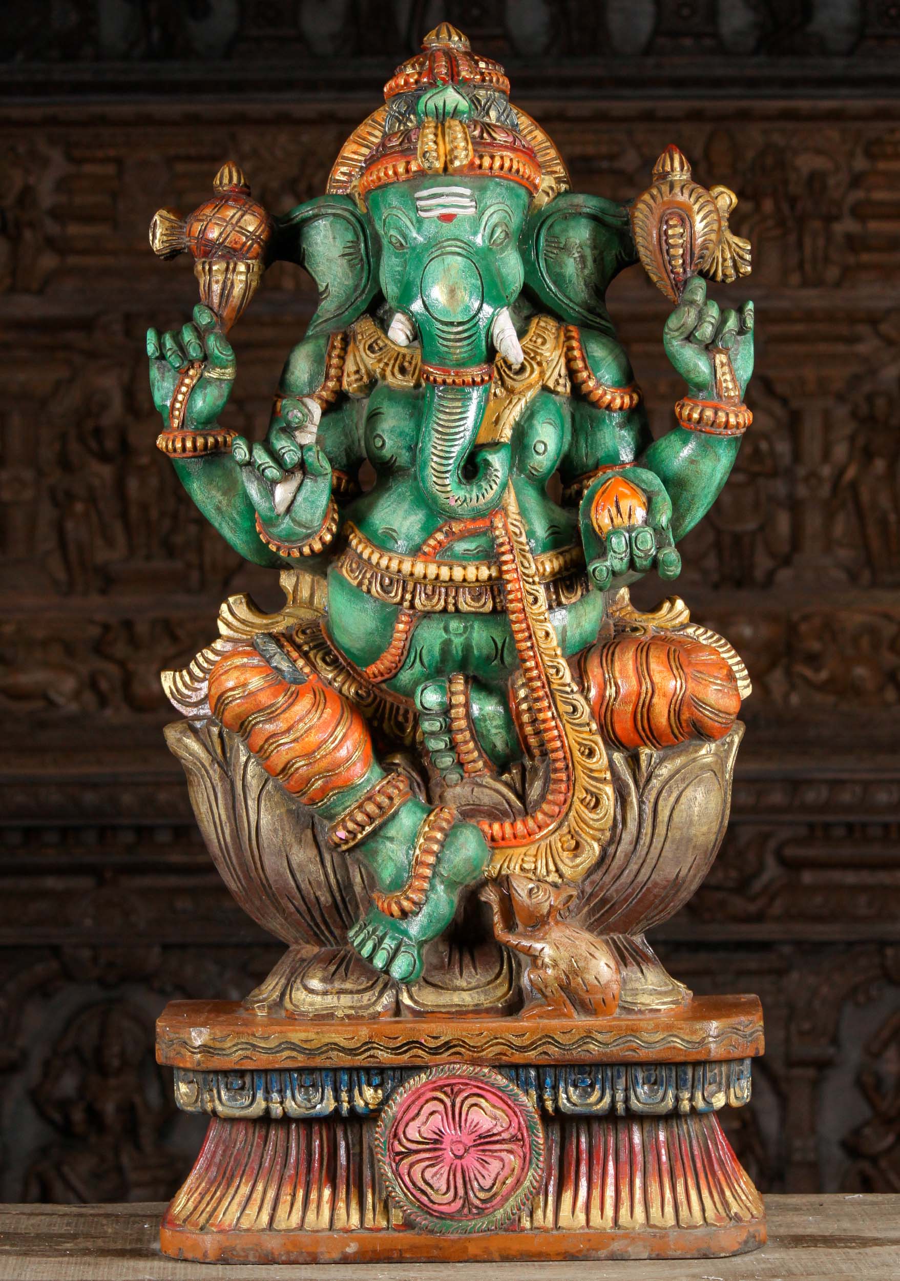 Wooden Seated Green Ganesha Statue 36"