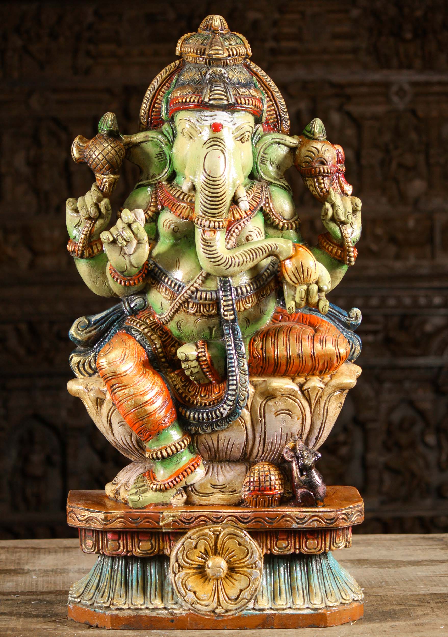 Green Painted Wood Seated Ganesh Statue 30"