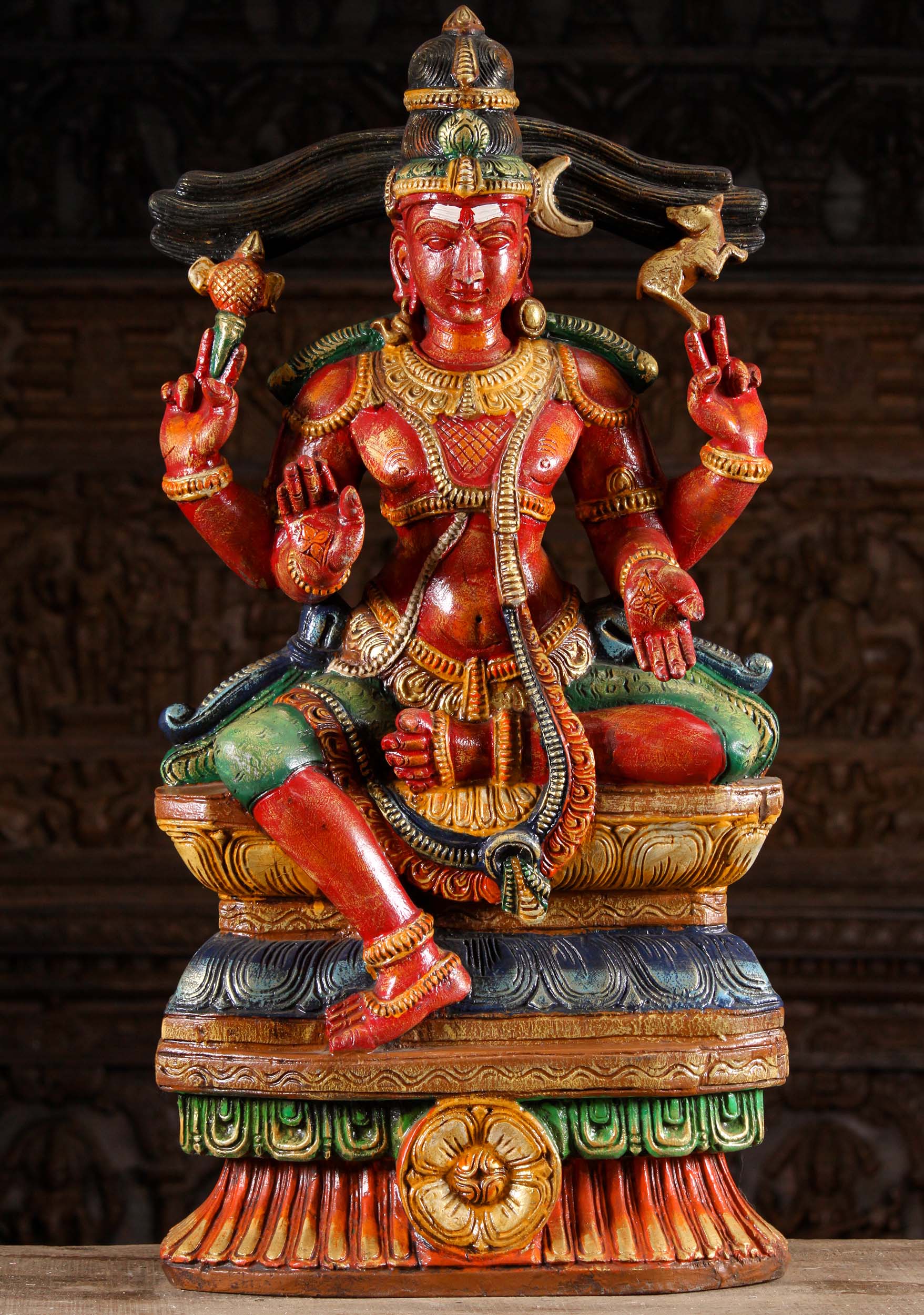 Vibrant Red Wooden Painted Shiva Sculpture 36"