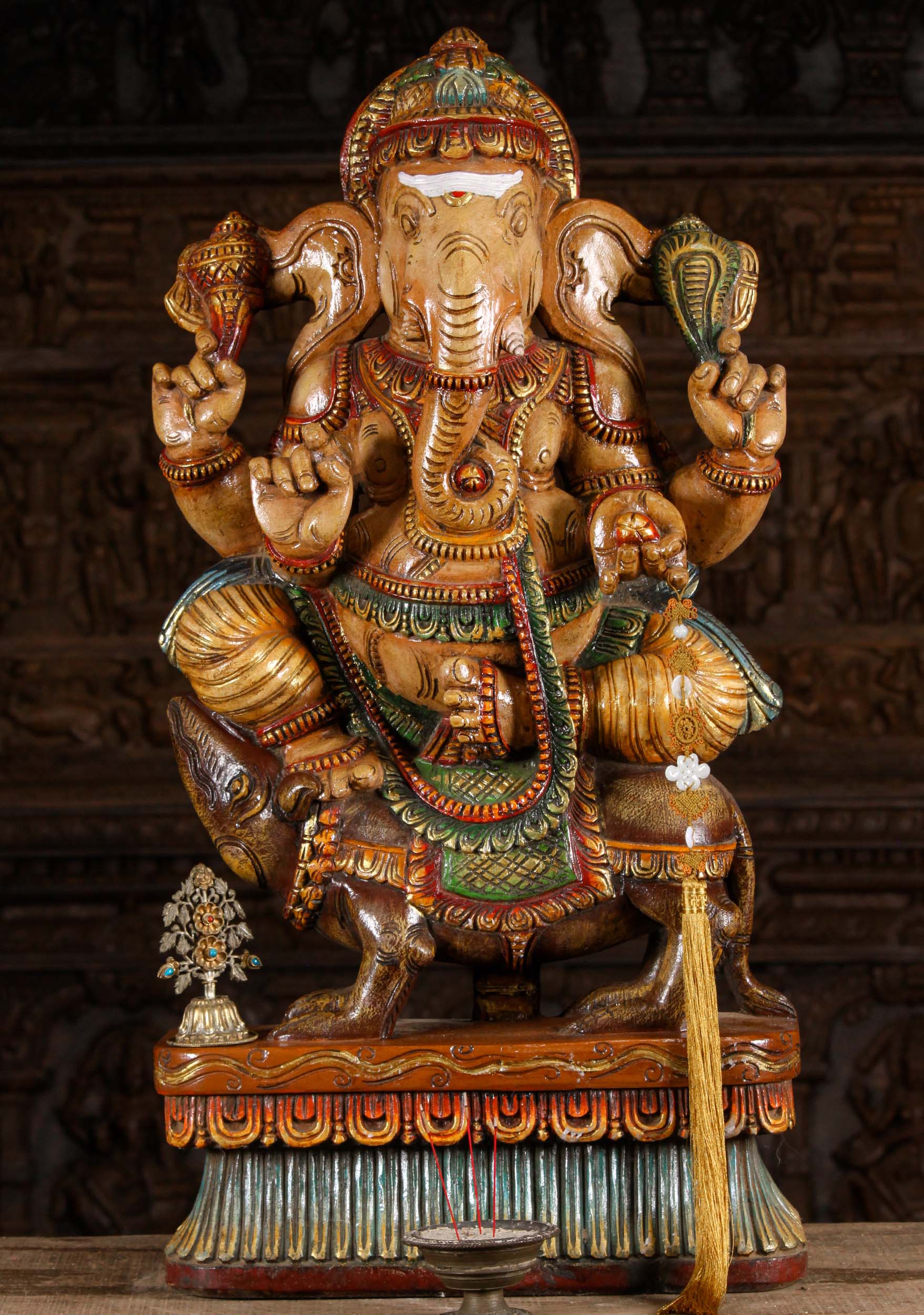 Colorful Wood Seated Ganesh Statue on Rat 36"