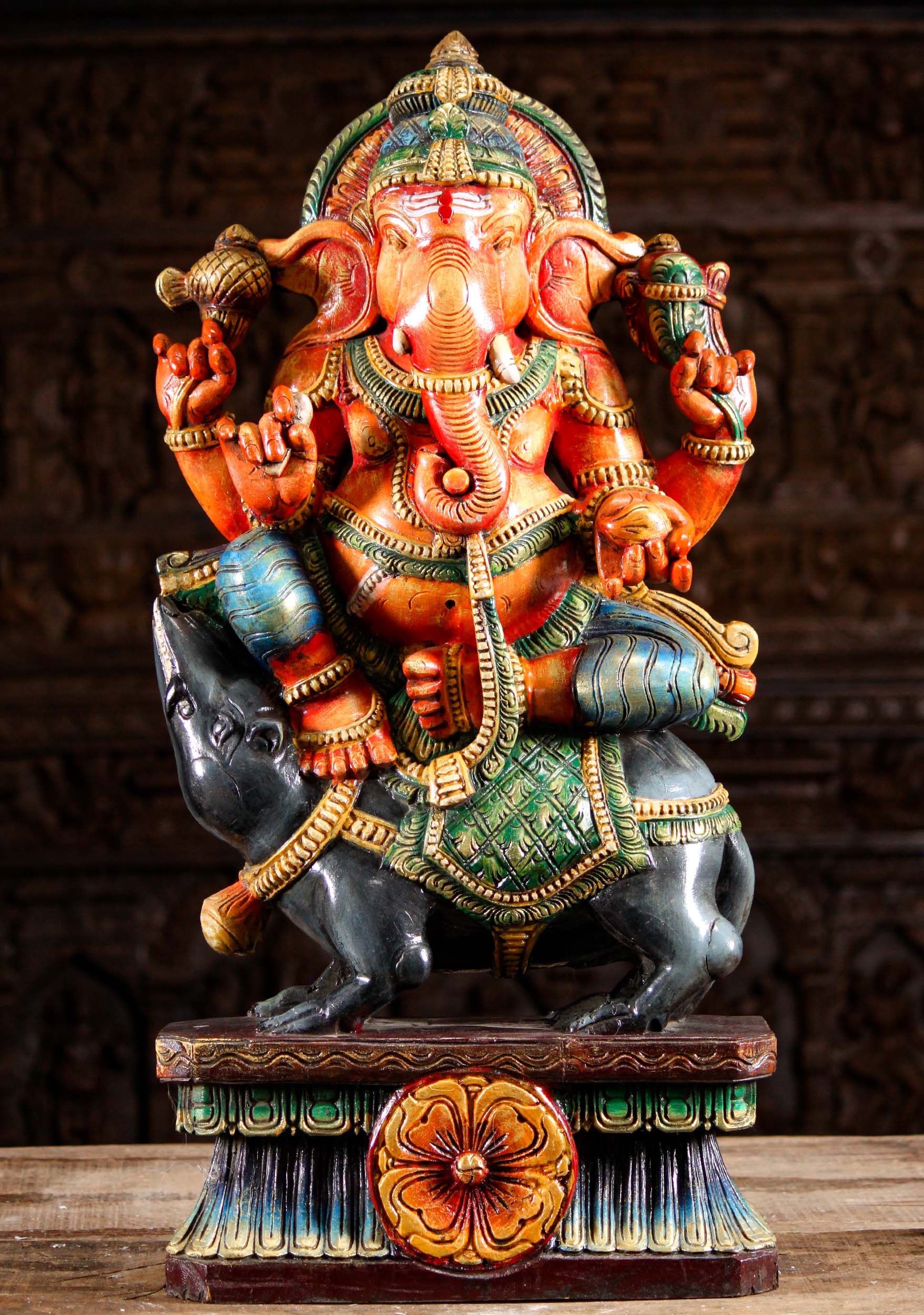 Colorful Wood Ganesh Seated on Rat Statue 30"