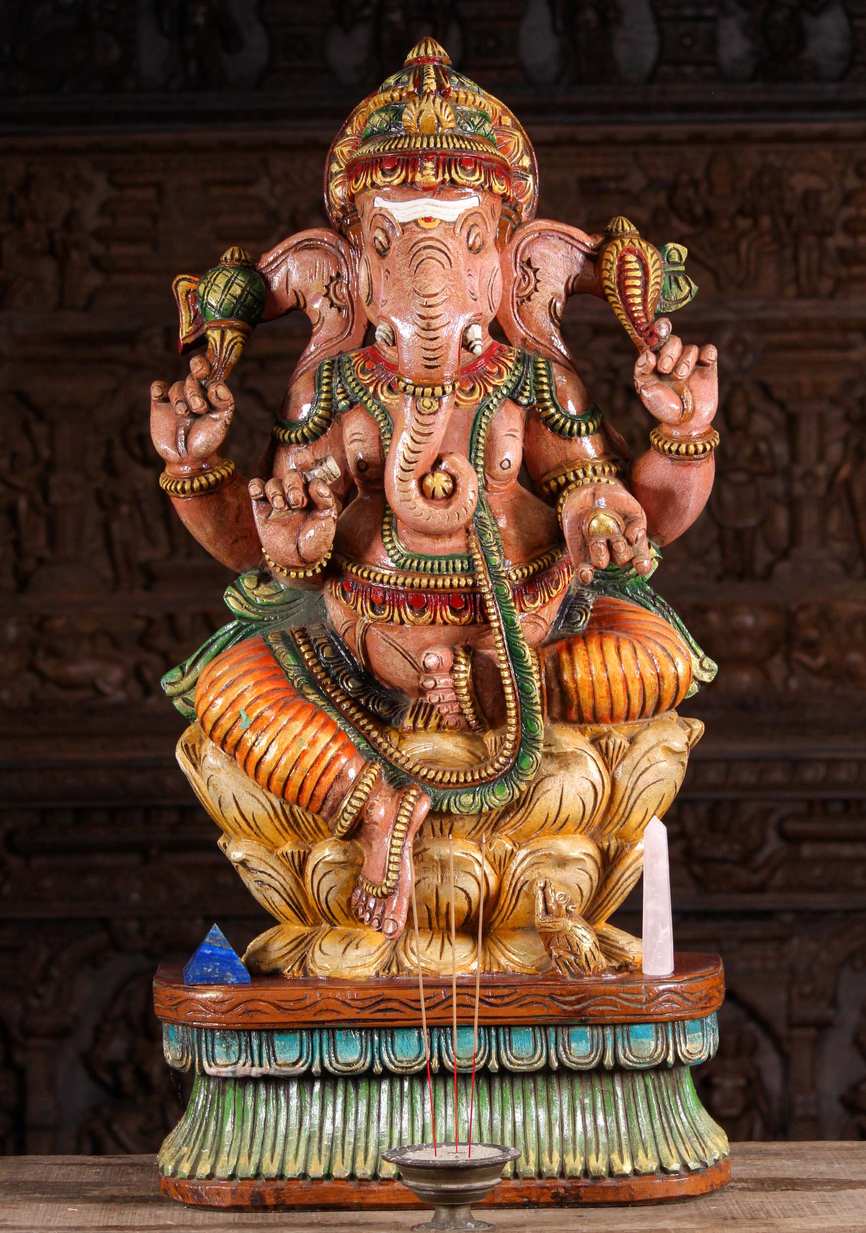 Wooden Pink Seated Ganesha Statue 36"