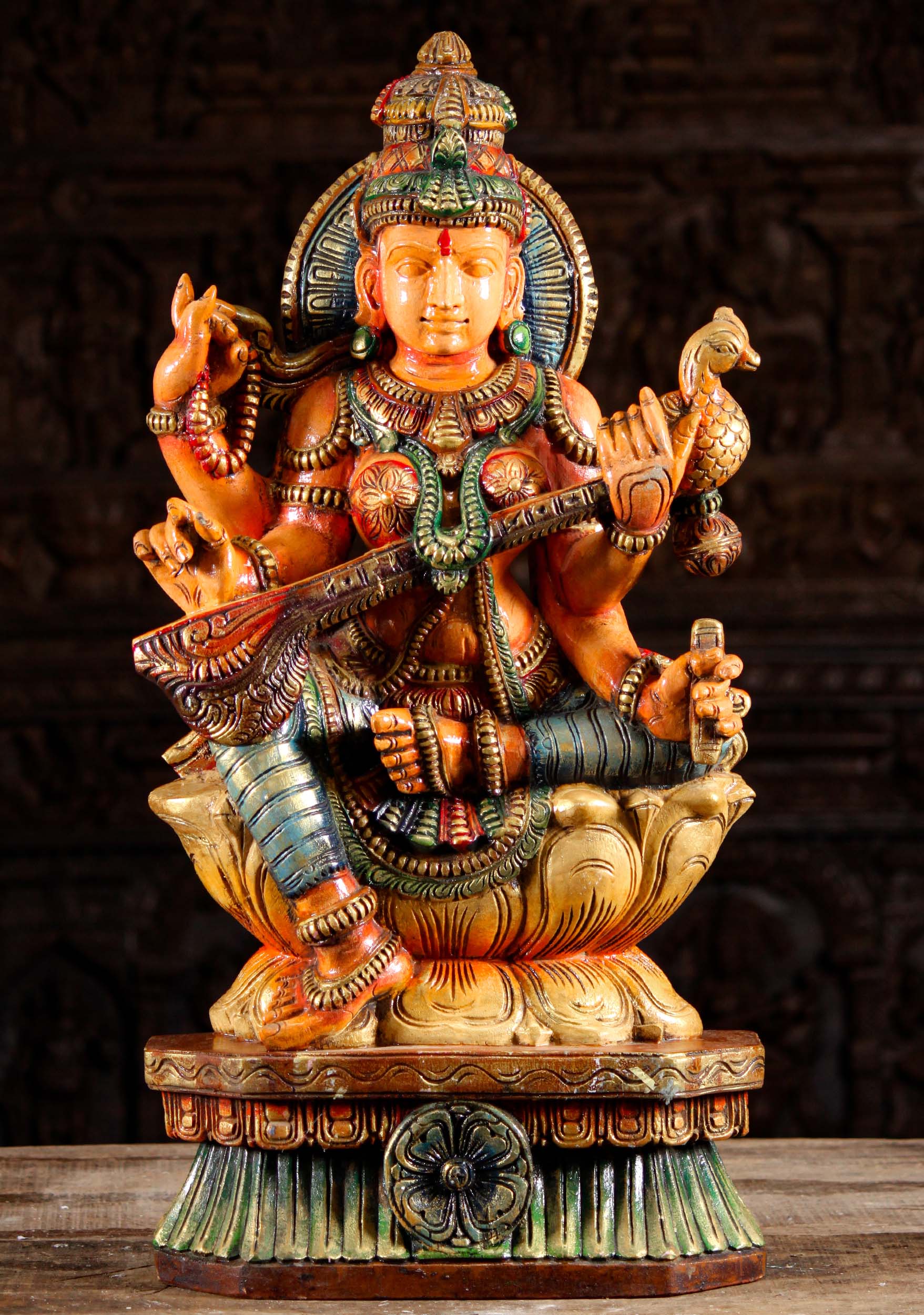 Painted Wood Saraswati Statue Playing Veena 30"