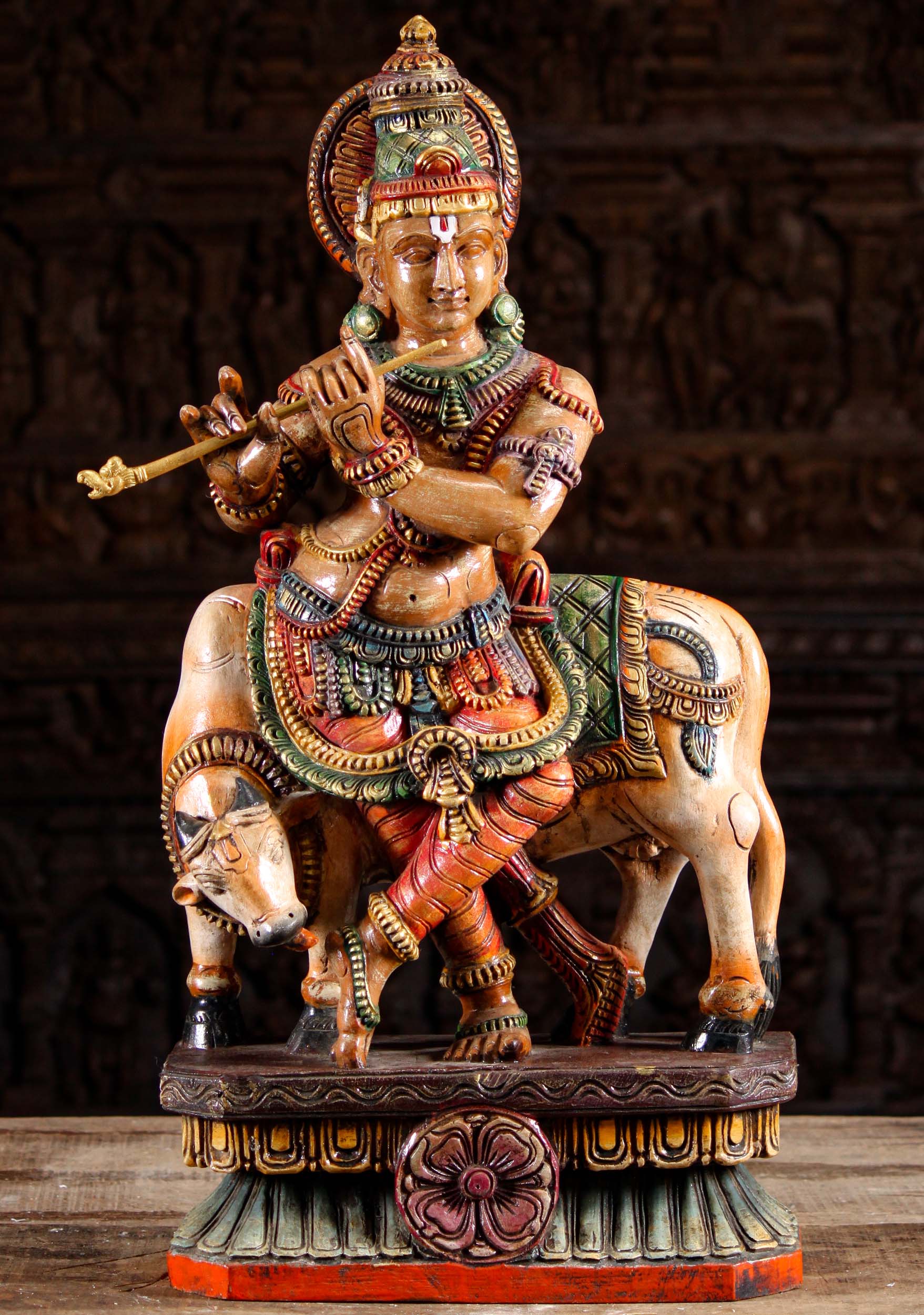 Wooden Krishna Playing the Flute with Cow 30"