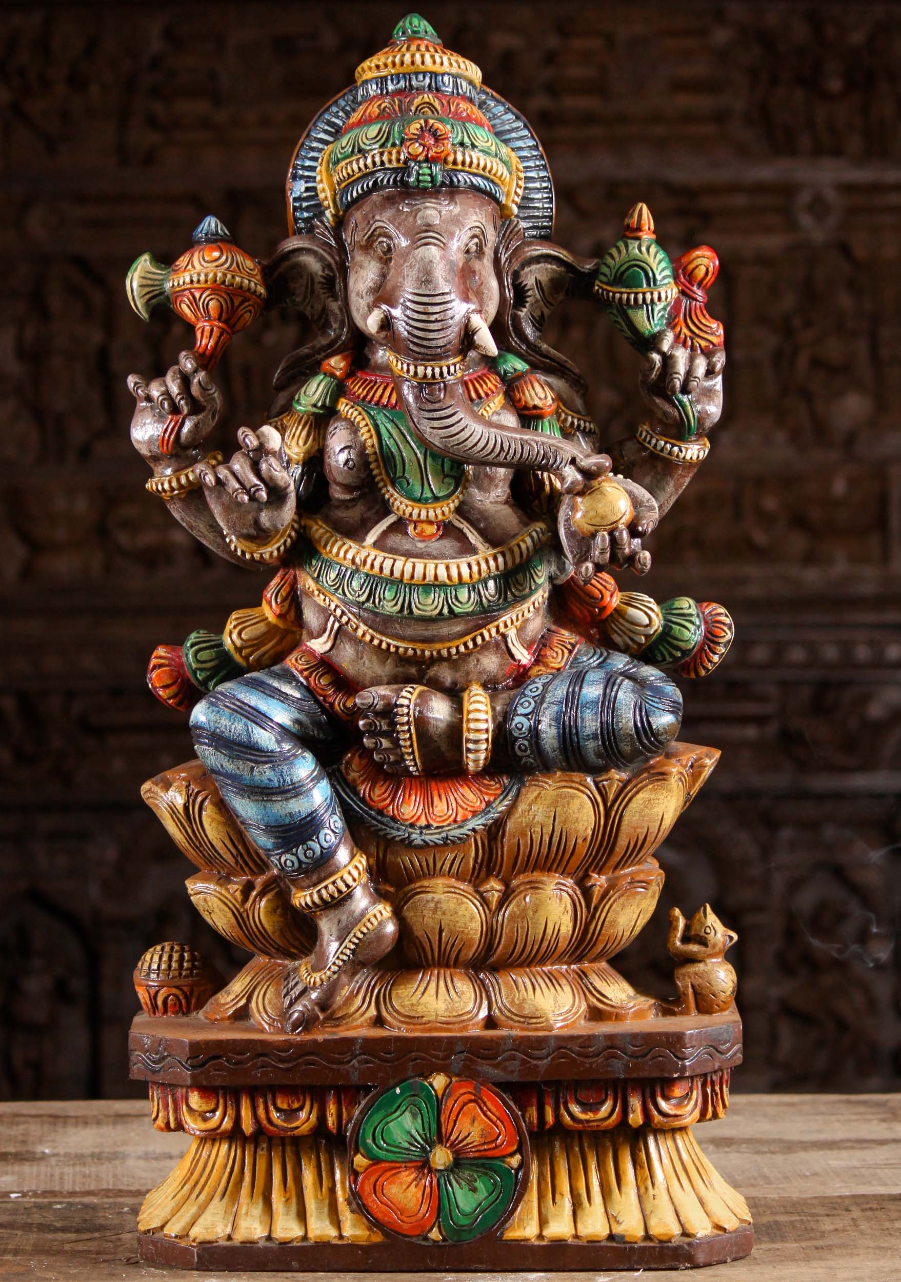 Vibrant Wood Seated Ganesh on Lotus Base 30"