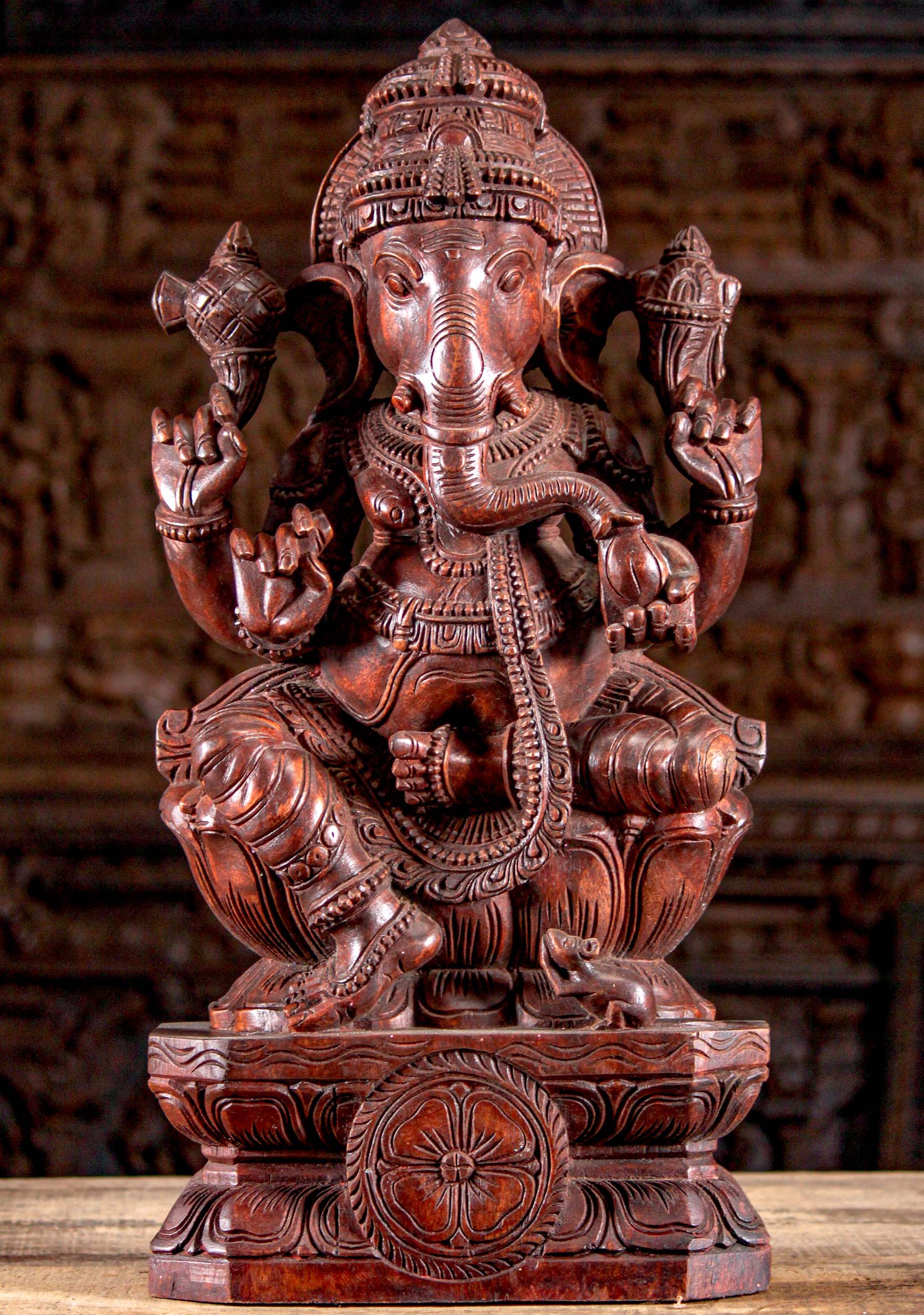 Wood Ganesh Statue with Mooshika 24"