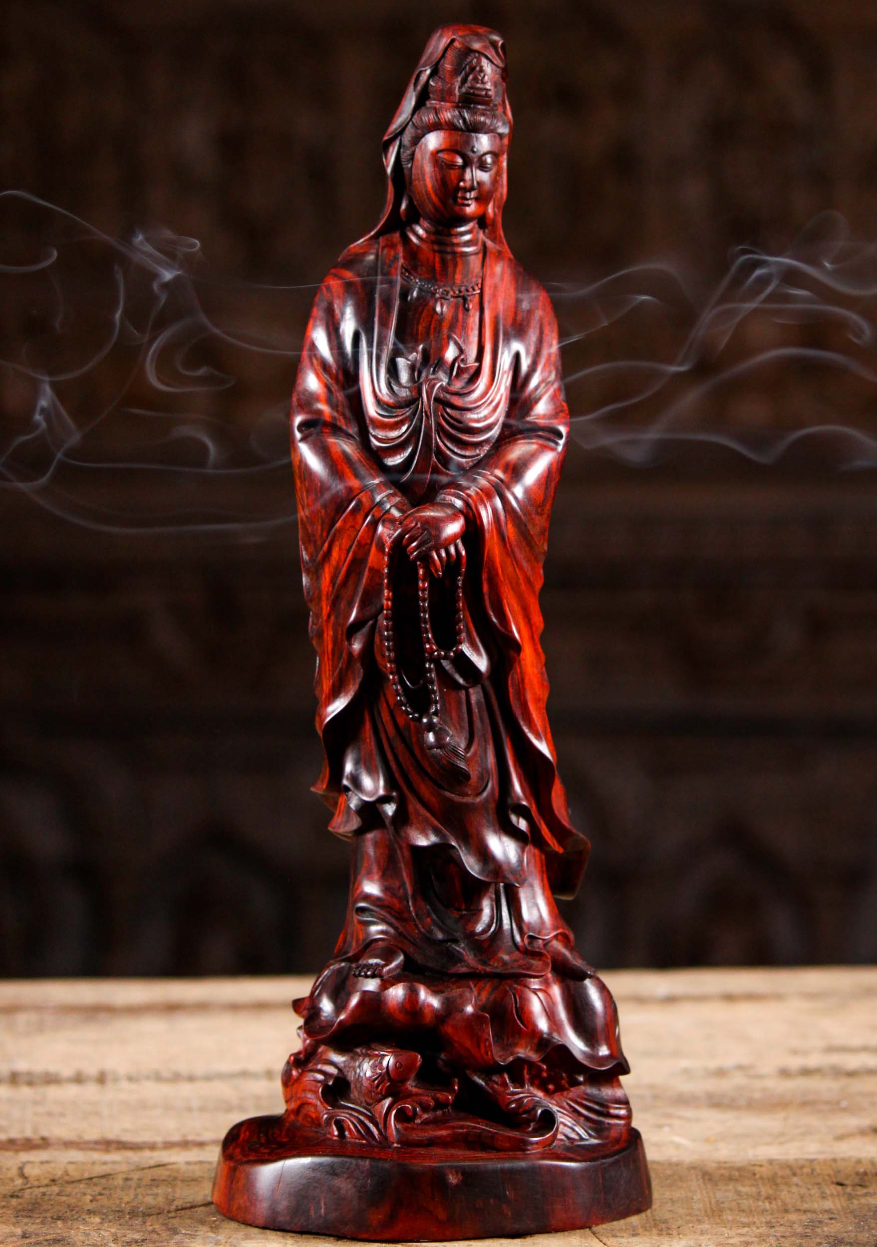 Vietnamese Rose Wood Kwan Yin Carving 16"