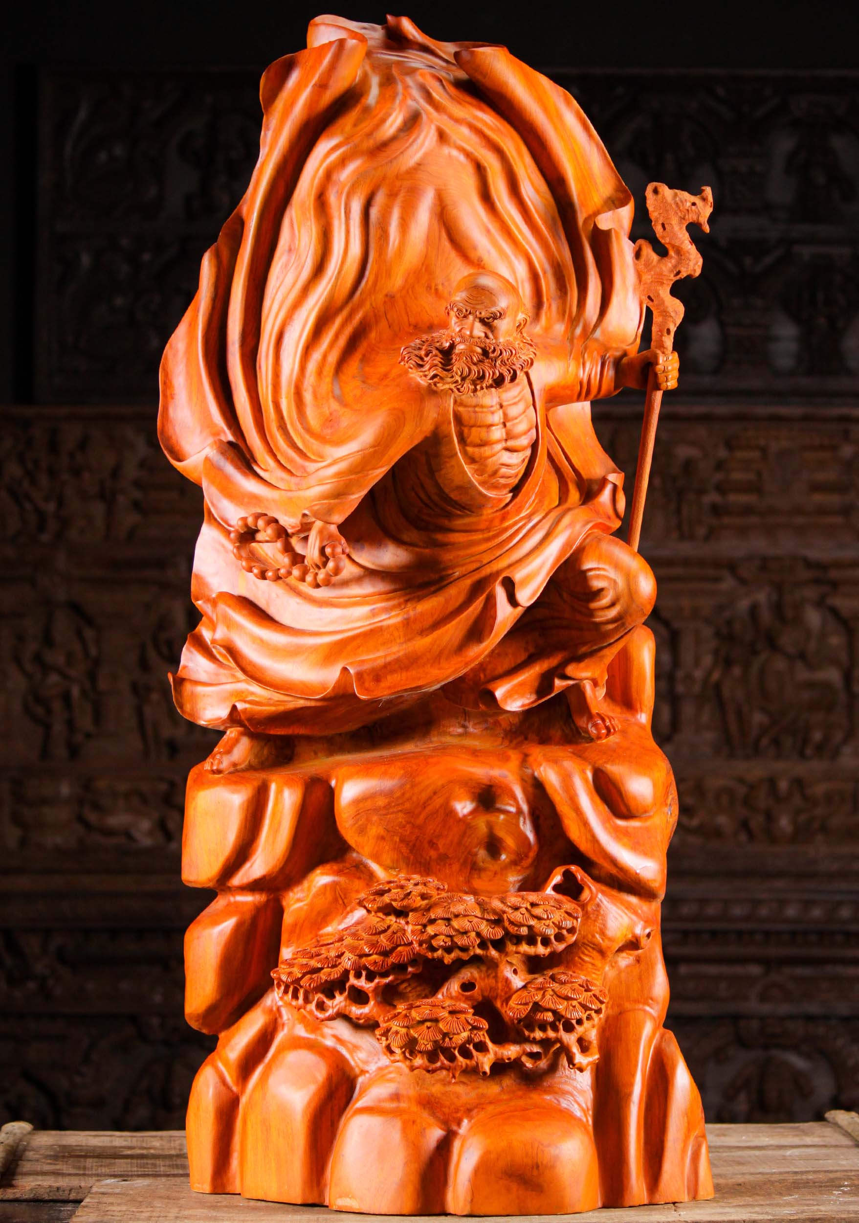 Wood Bodhidharma Sculpture on Mountain 42"