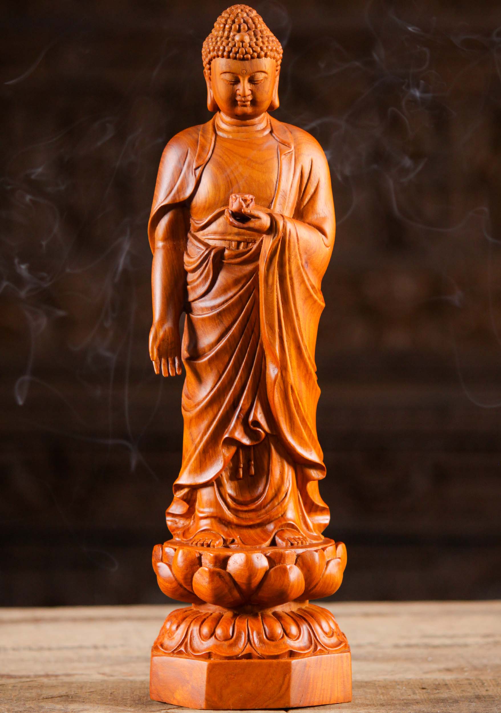 Vietnamese Wood Buddha Holding Lotus Statue 16"