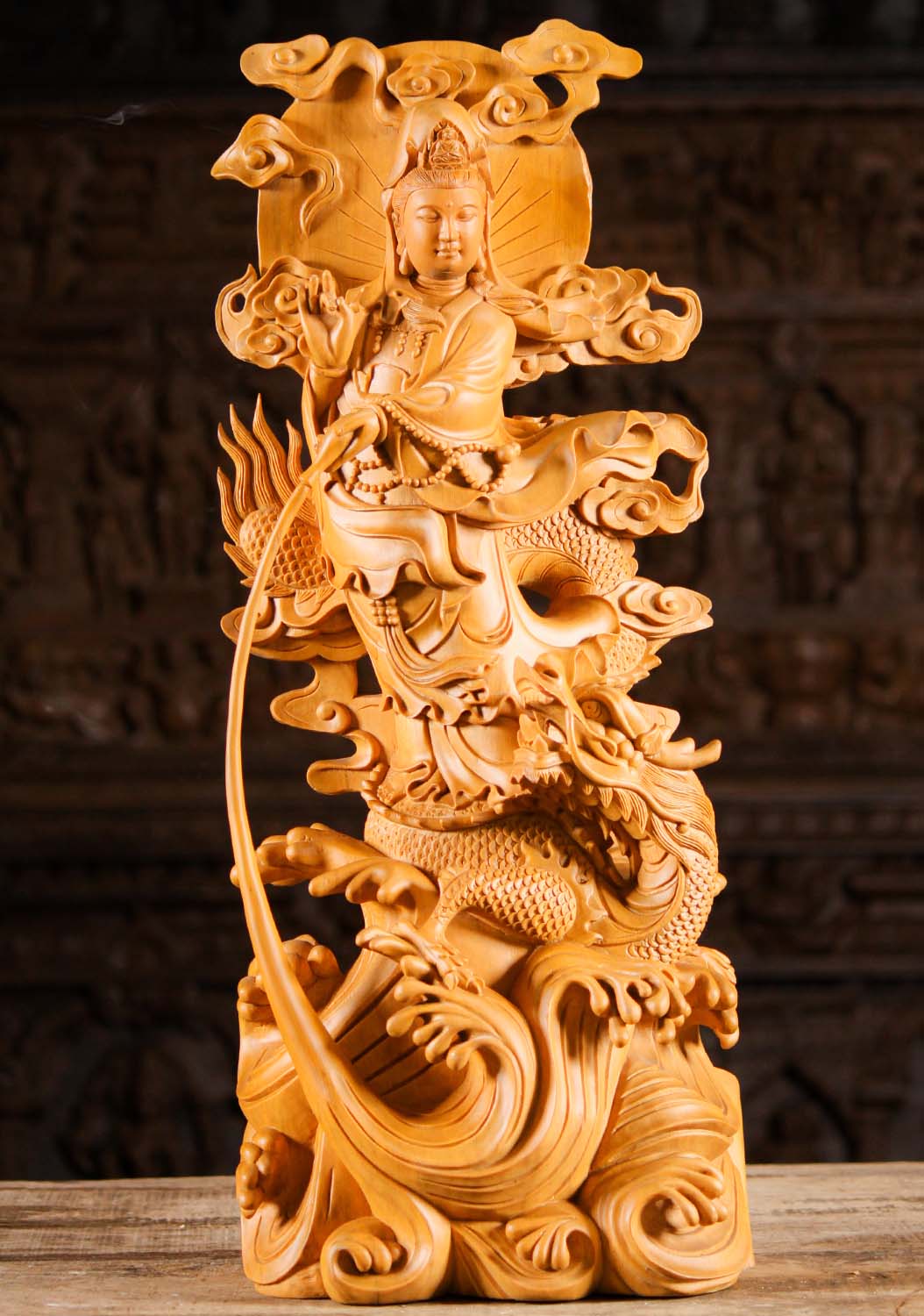 Vietnamese Wood Kwan Yin with Dragon Statue 26.5"