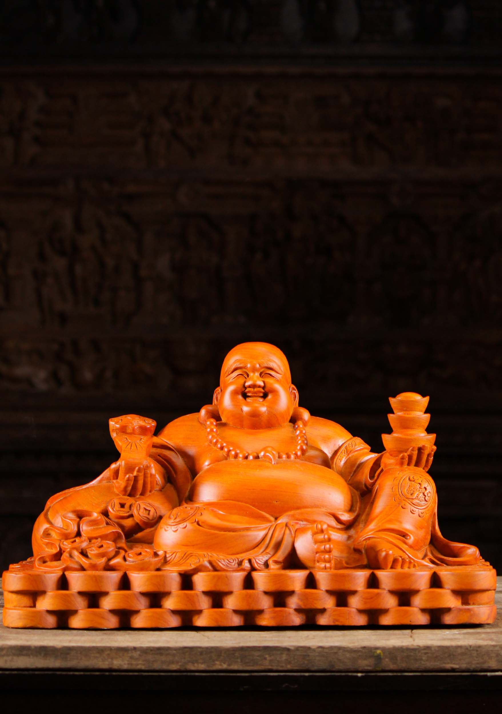 Wood Fat Buddha Sculpture Seated on Coins 11" Full Price $999