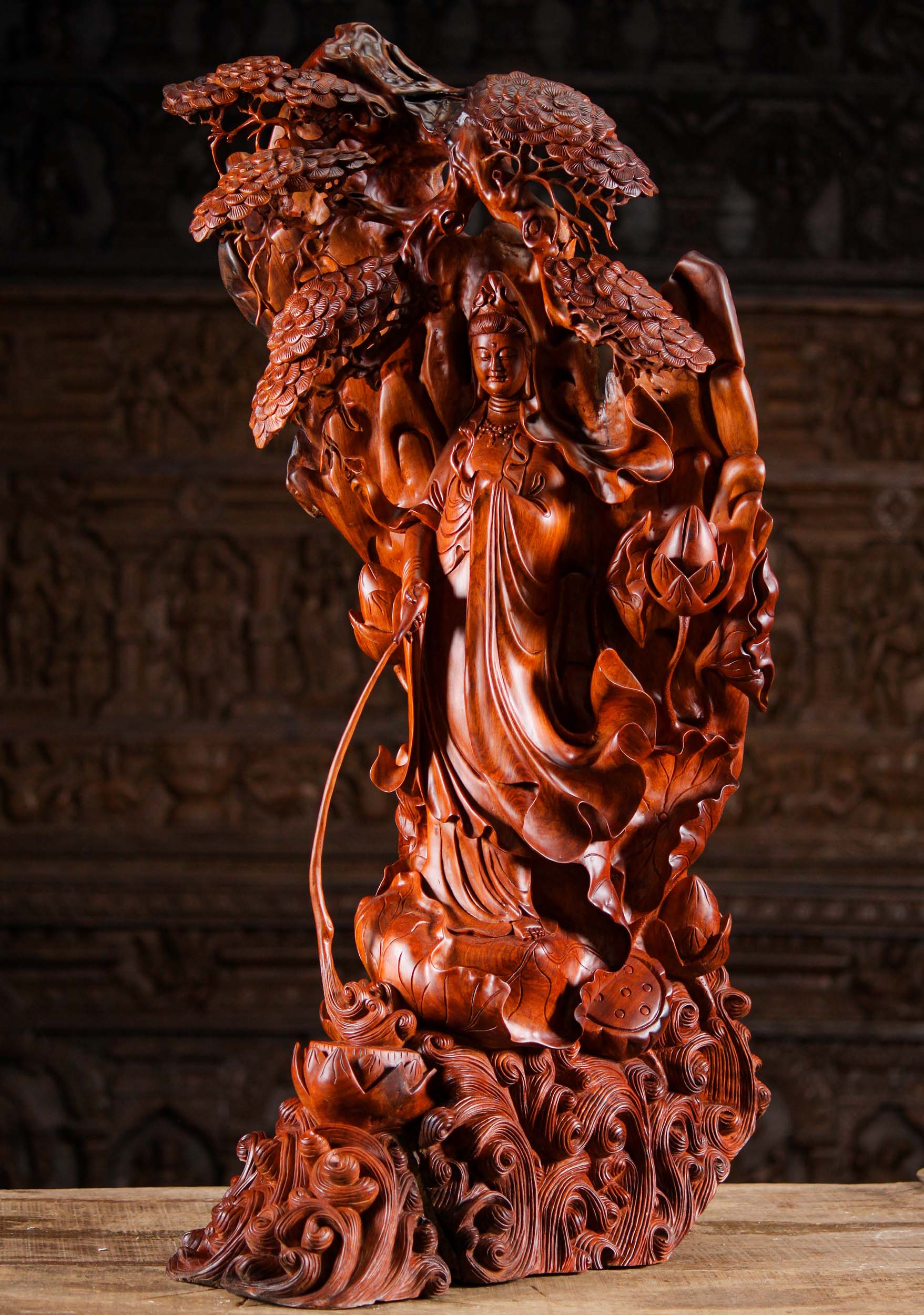 Wood Kwan Yin Statue Carved from Natural Wood 36"