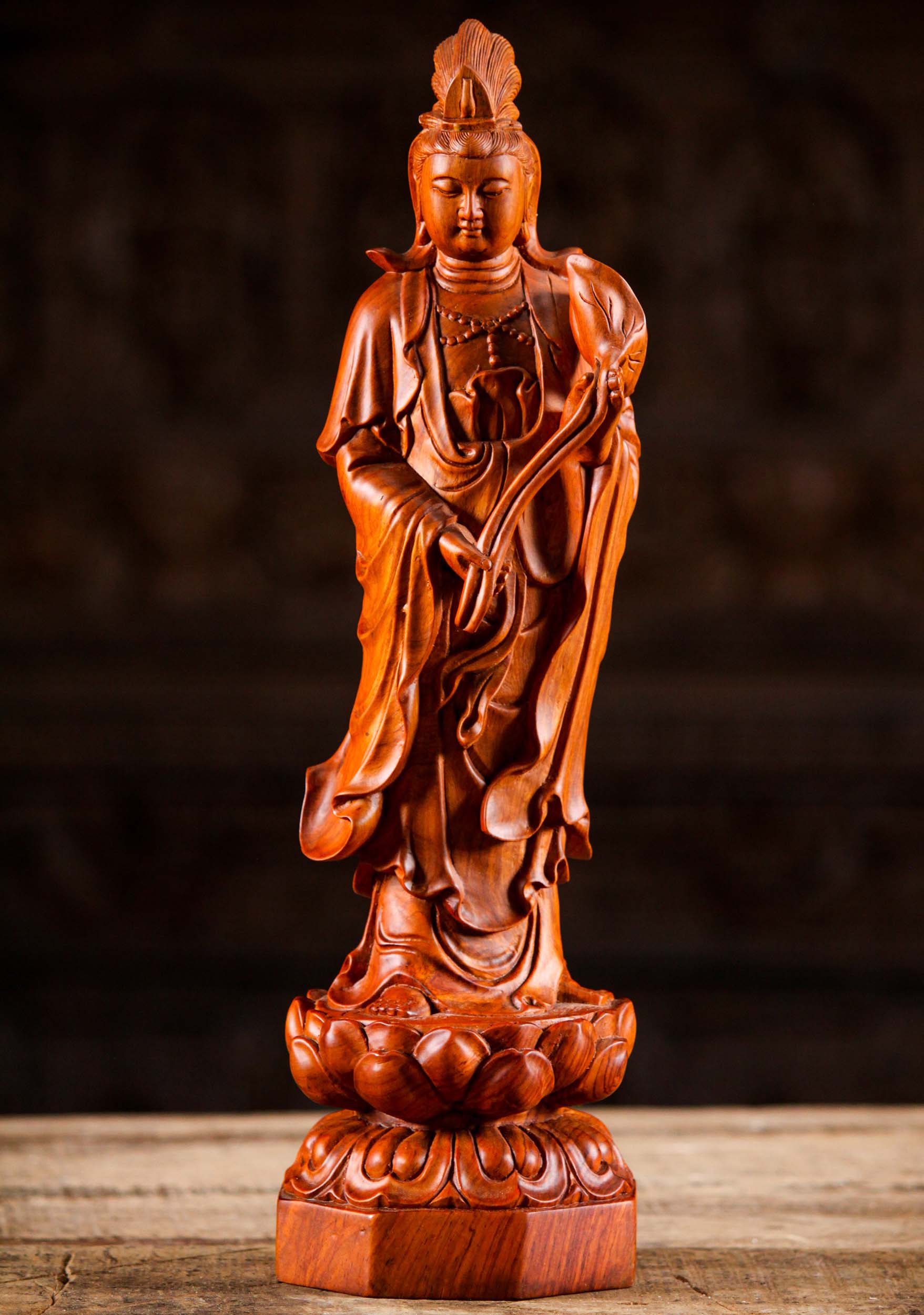 Vietnamese Wood Kwan Yin Holding Lotus Carving 16"