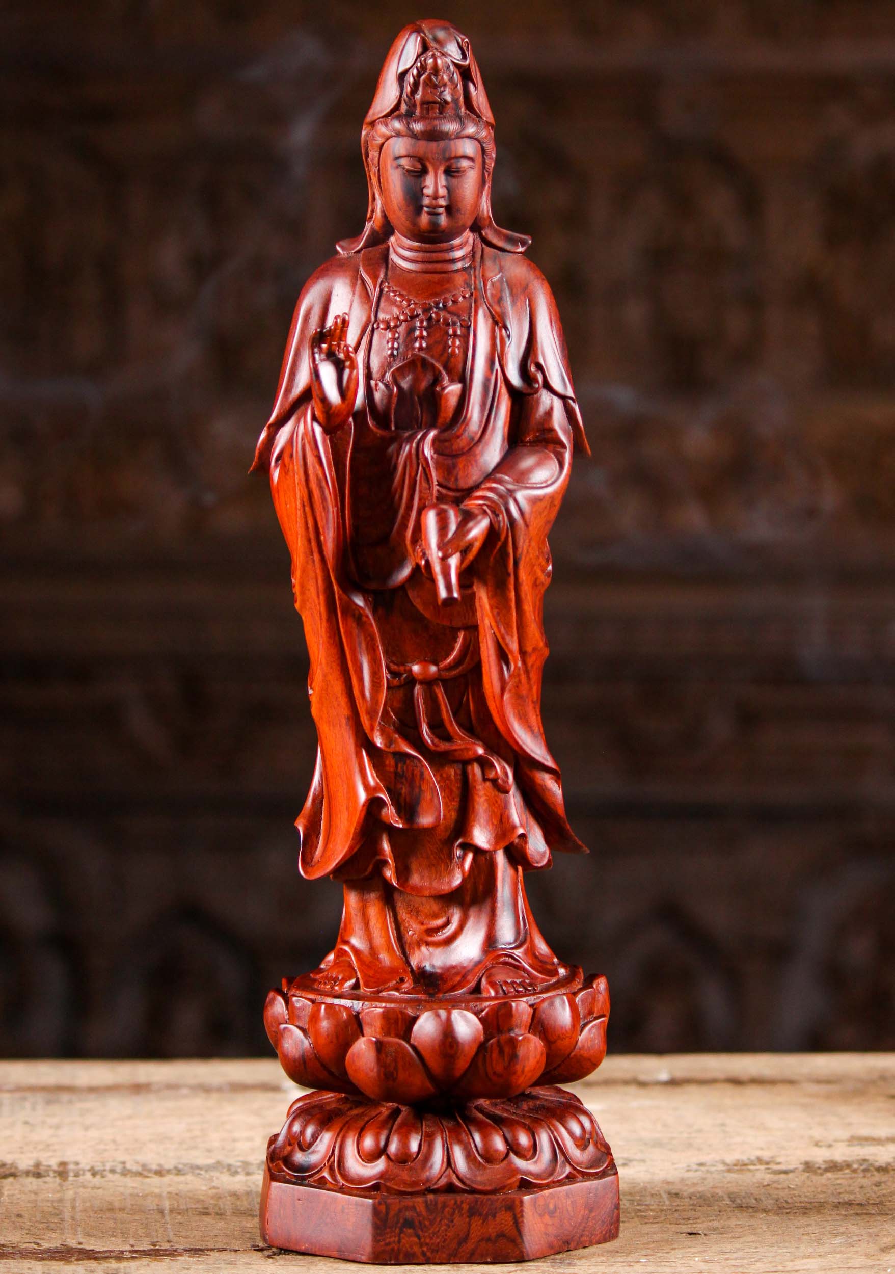 Rose Wood Standing Bodhisattva Kwan Yin Statue 16"