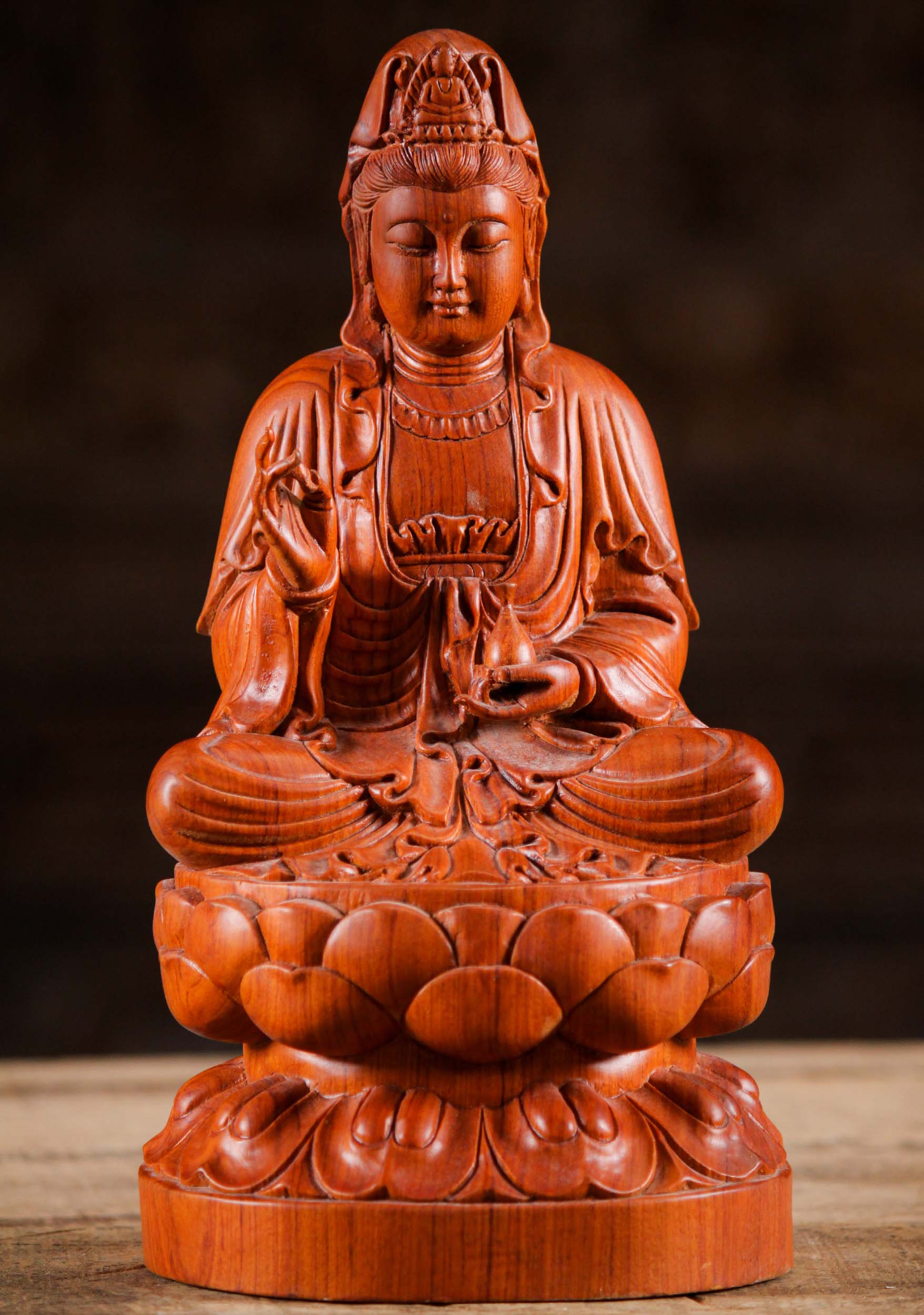 Vietnamese Wood Seated Kwan Yin Carving 12"