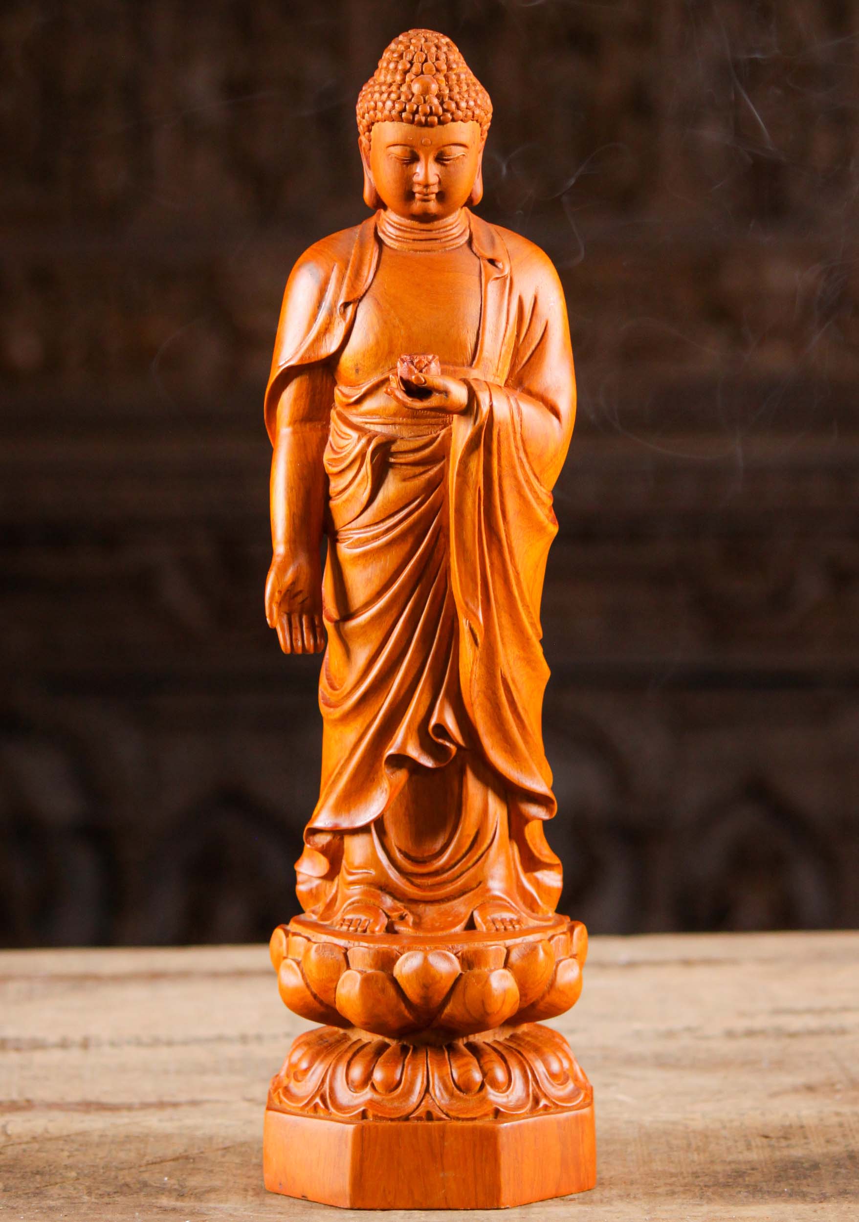 Vietnamese Wood Standing Buddha Hand Carving 16"