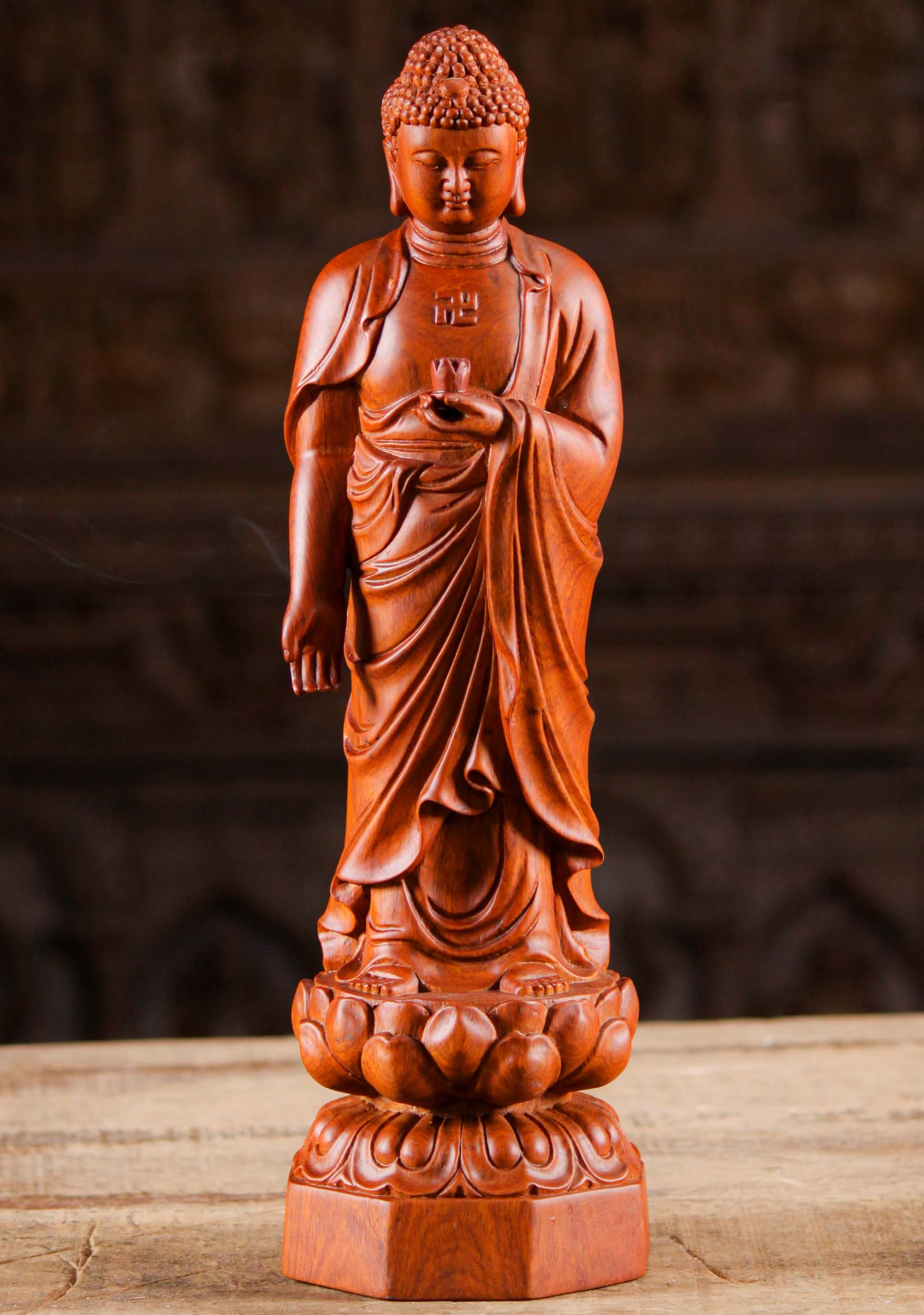 Vietnamese Wood Standing Buddha with Lotus 16"