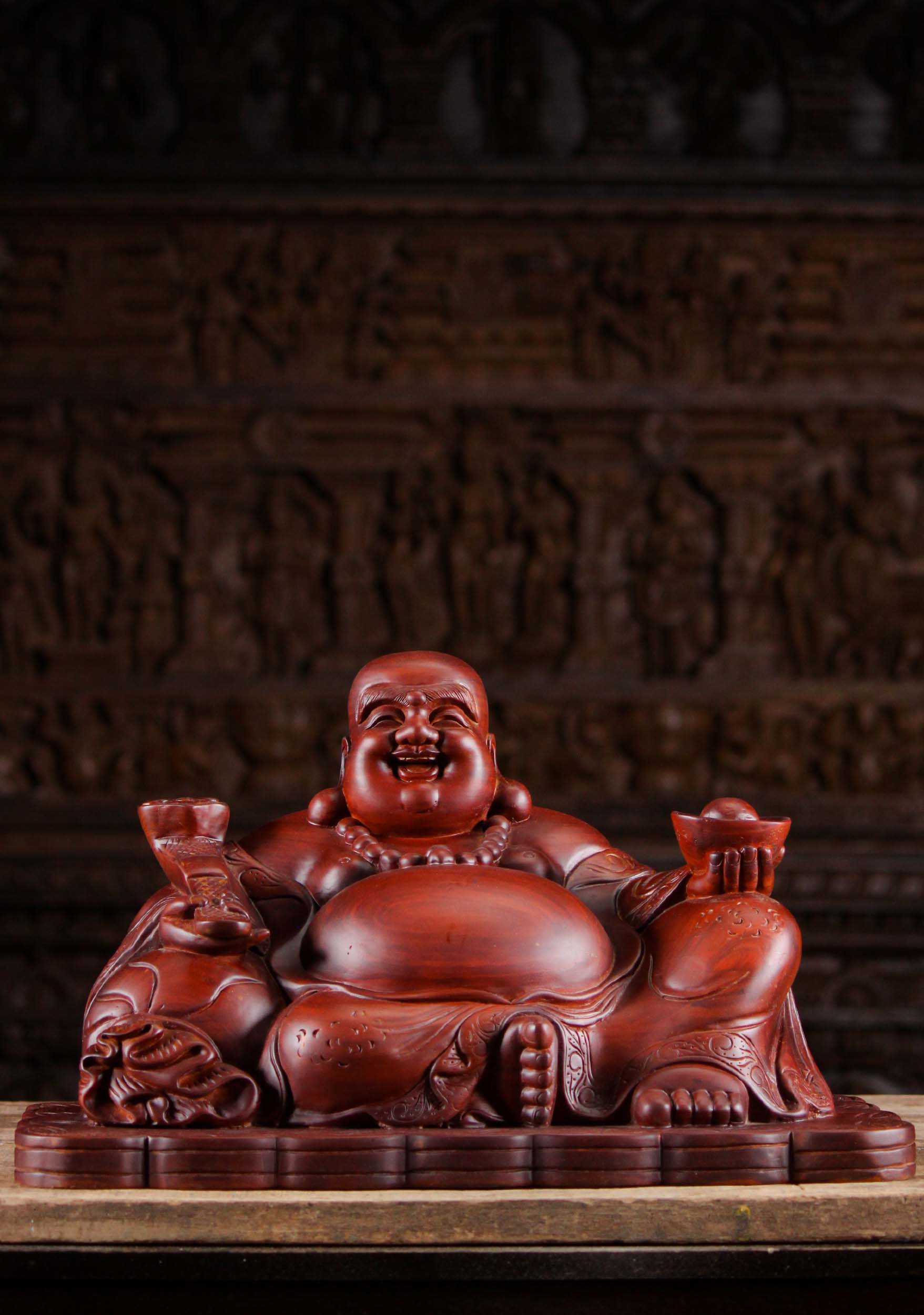 Happy Buddha Statue Resting on Bed of Coins 19.5"