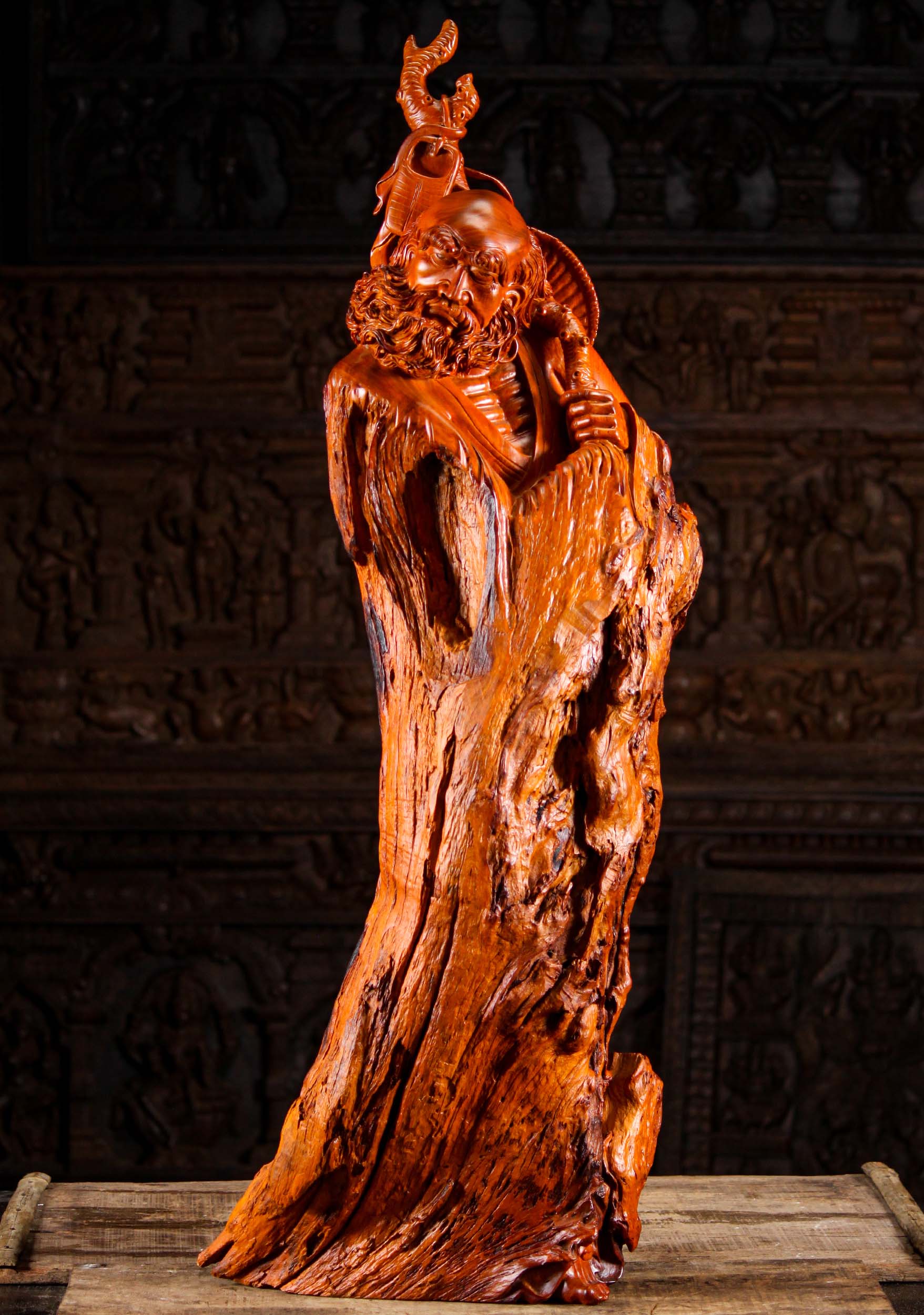 Wood Bodhidharma Sculpture in Natural Wood 46"