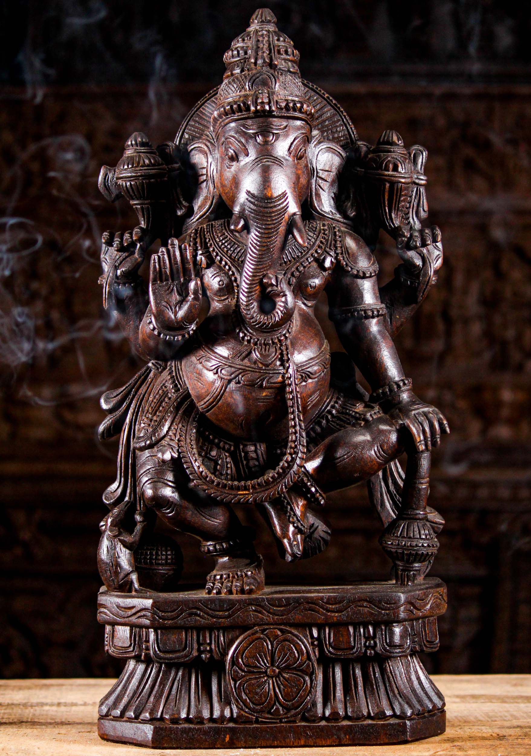 Wood Ganesh Dancing with Club Sculpture 24"