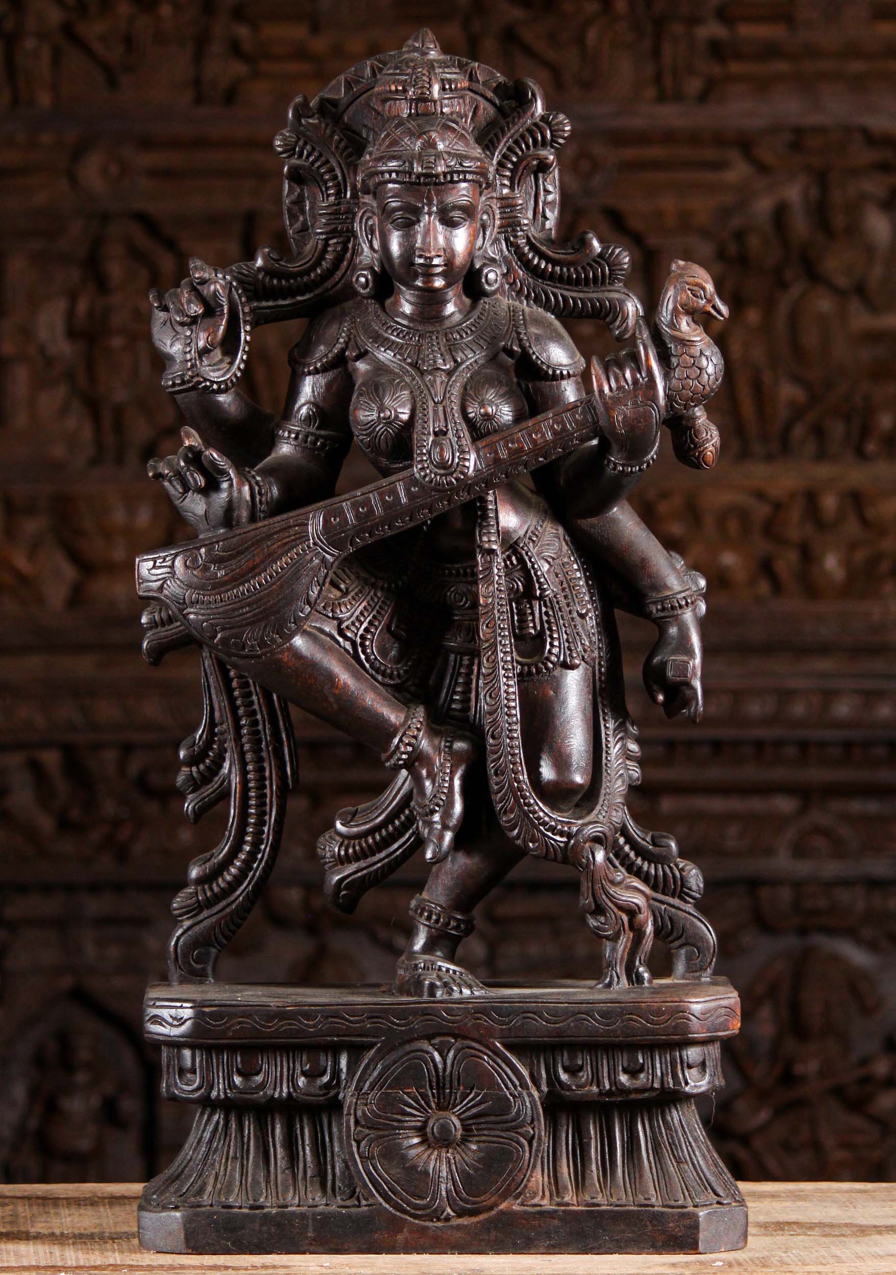 The Hindu Goddess of Wisdom Saraswati Dancing While Playing the Veena Hand Carved Statue 30"