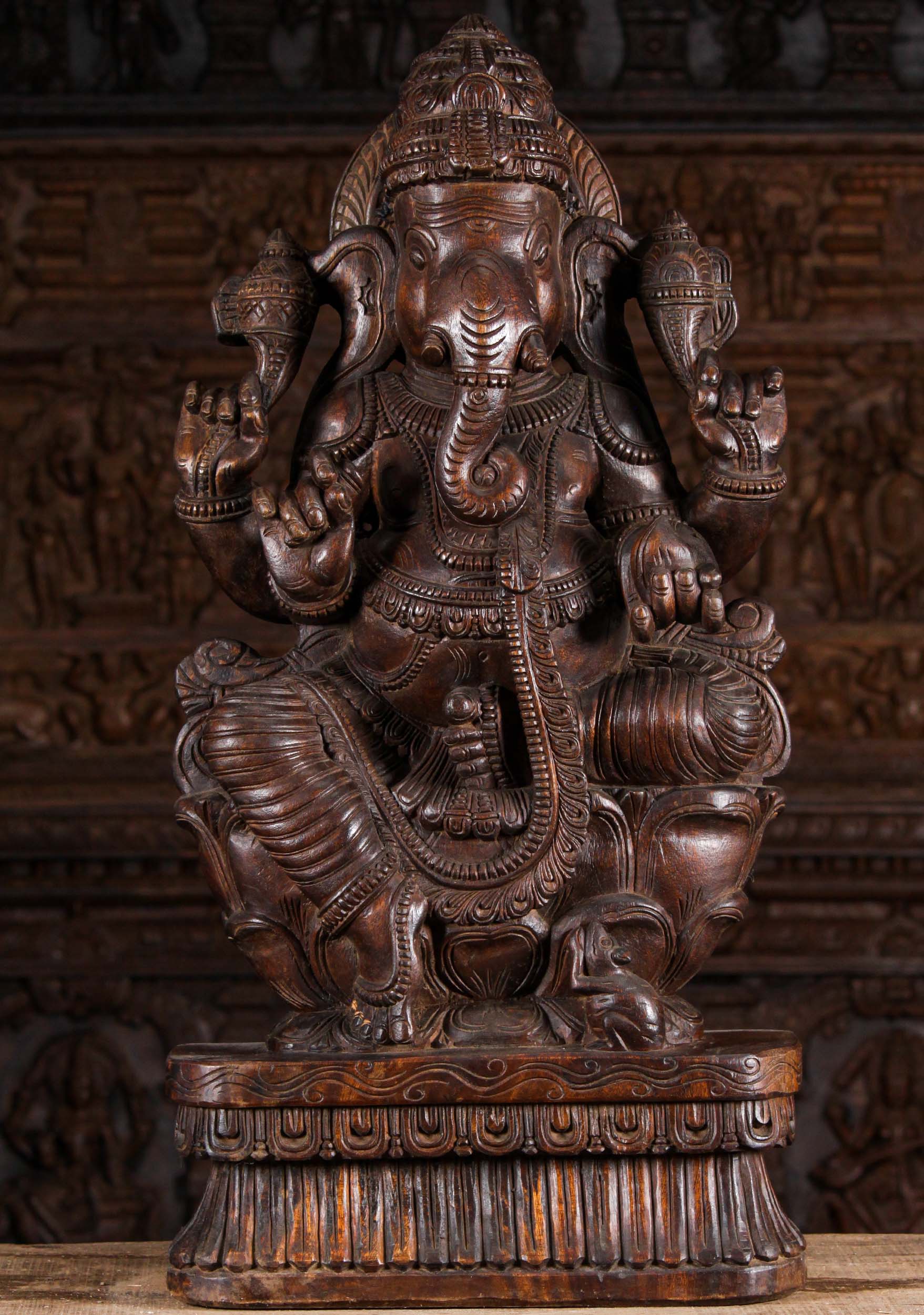 Wood Ganesh Seated on Lotus Base with Rat 36"