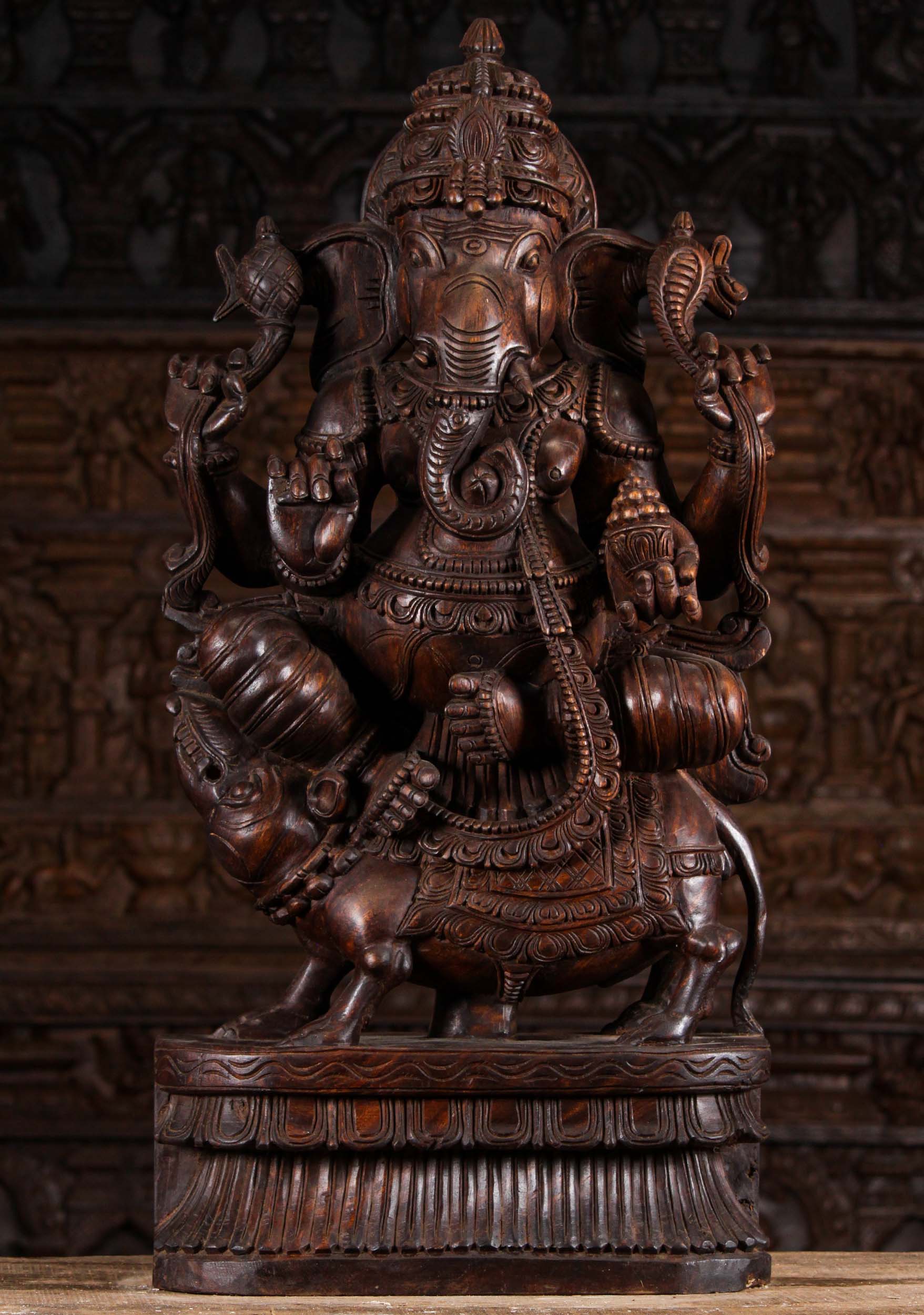 Wooden Ganesh Statue Seated on Rat 36"