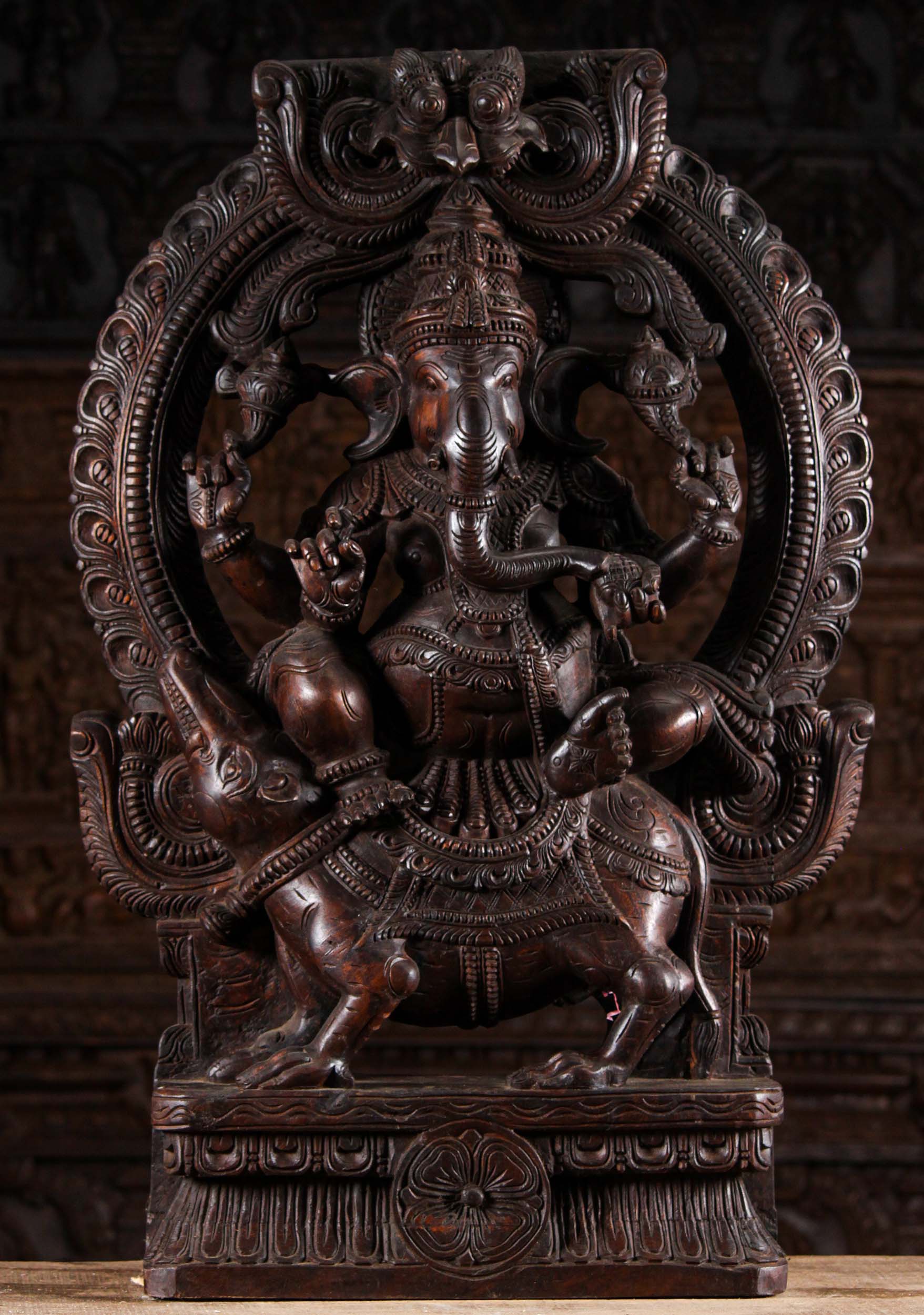 Wood Ganesh Seated on Rat Under Arch 36"