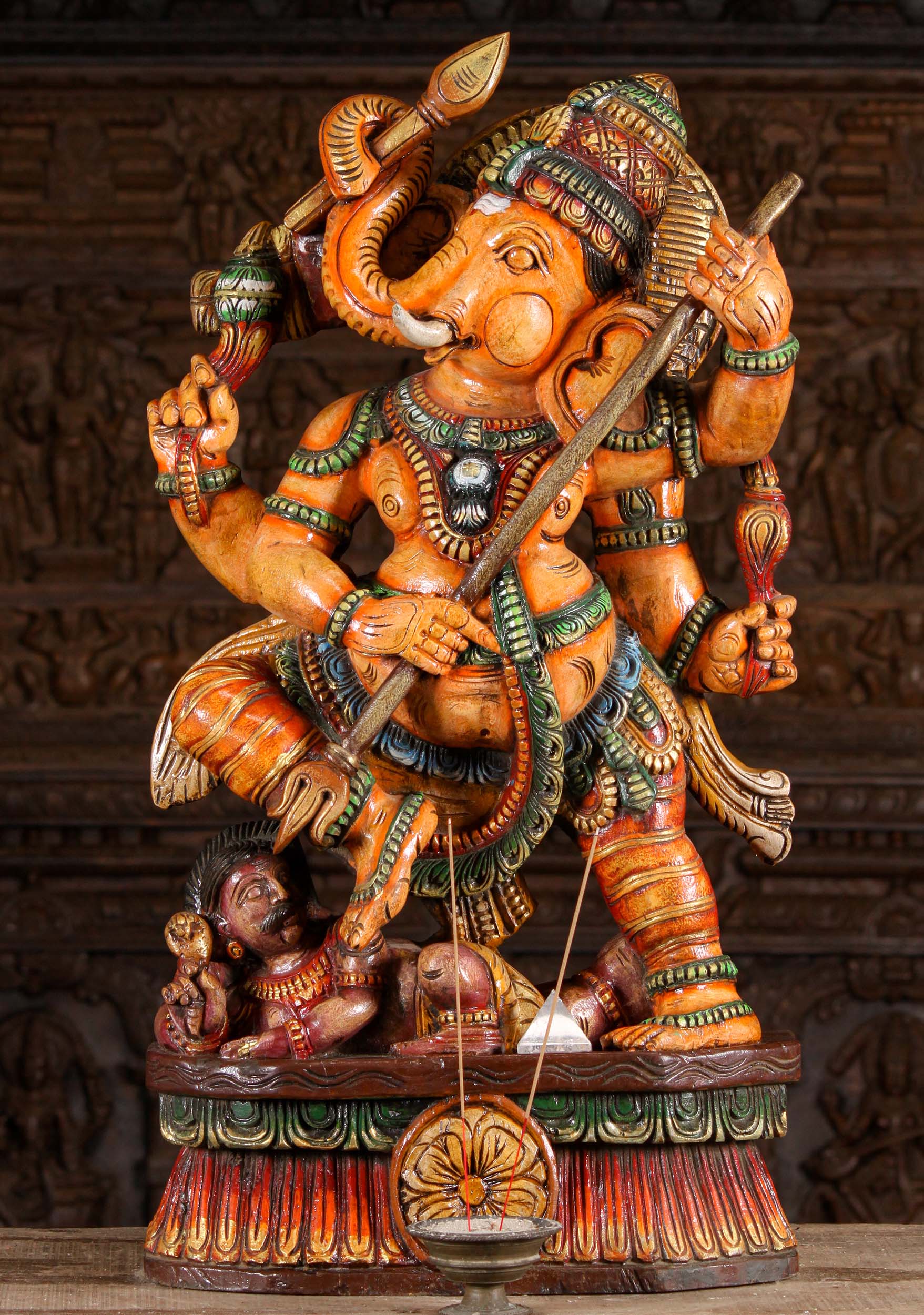 Wood Warrior Ganesh Statue Holding Trident Poised at Dwarf with Spear in Trunk 36"