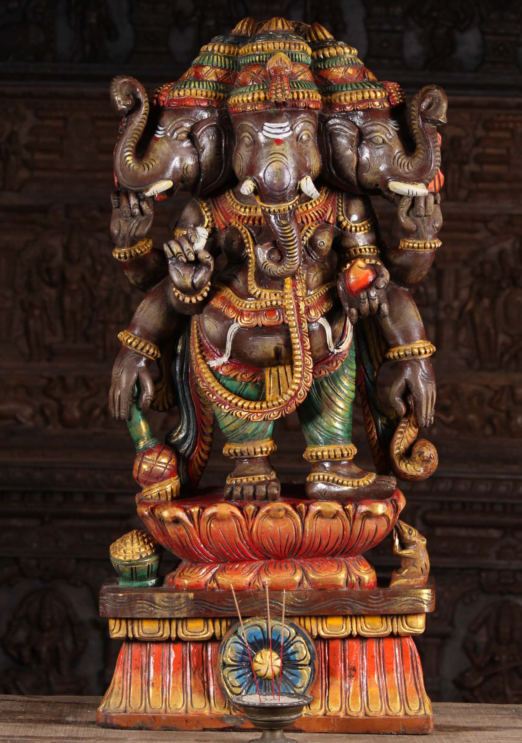 Wooden Tri Muhkthi Ganapathi Statue 36"