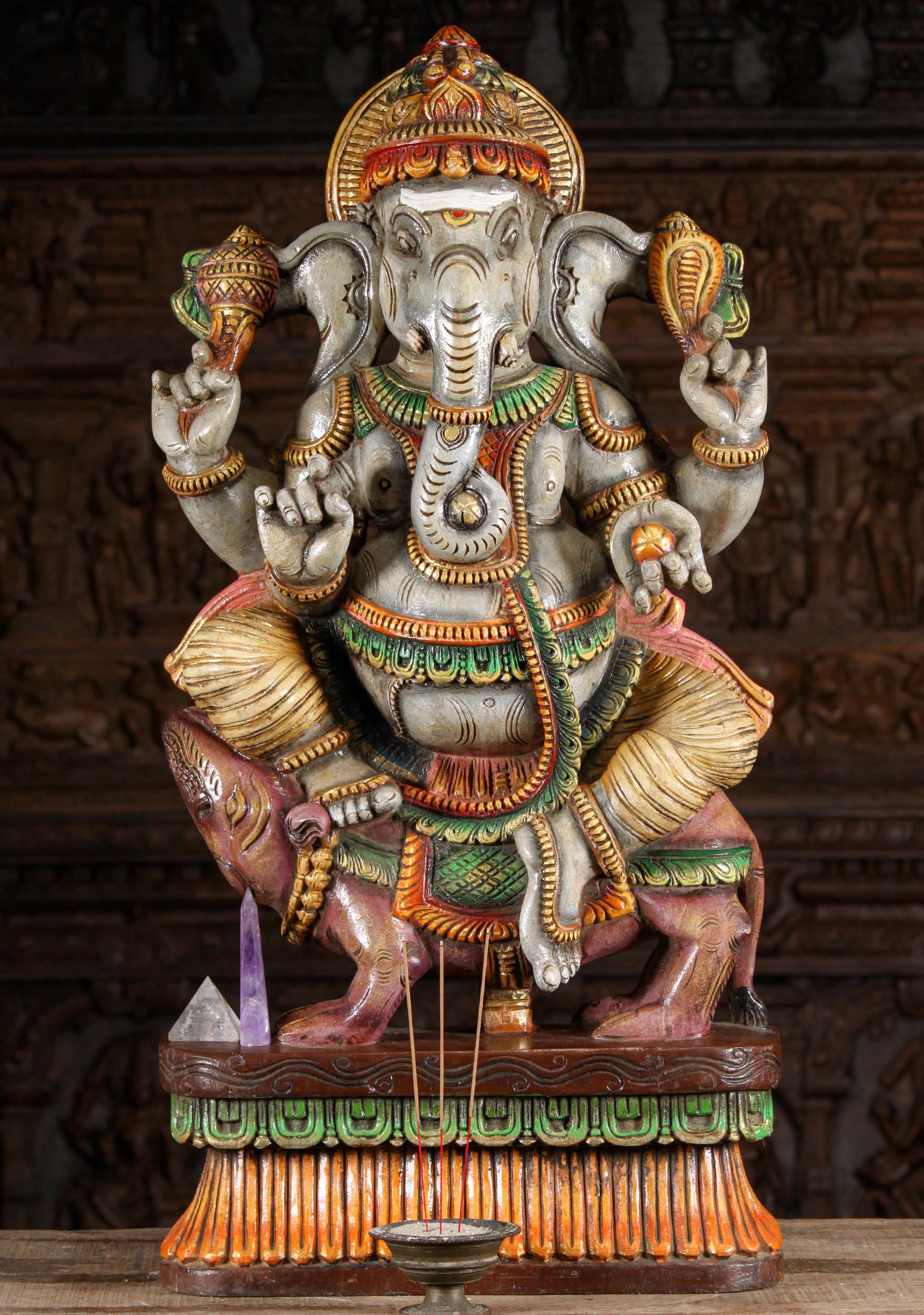 Wooden Seated Ganesh Statue on Rat  36"