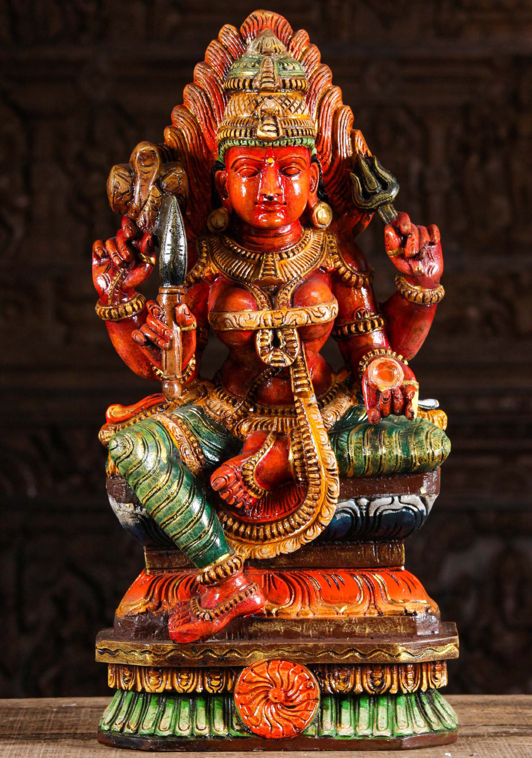 Wood Painted Shakti Statue on Raised Throne 24" (#96w1eb): Hindu Gods