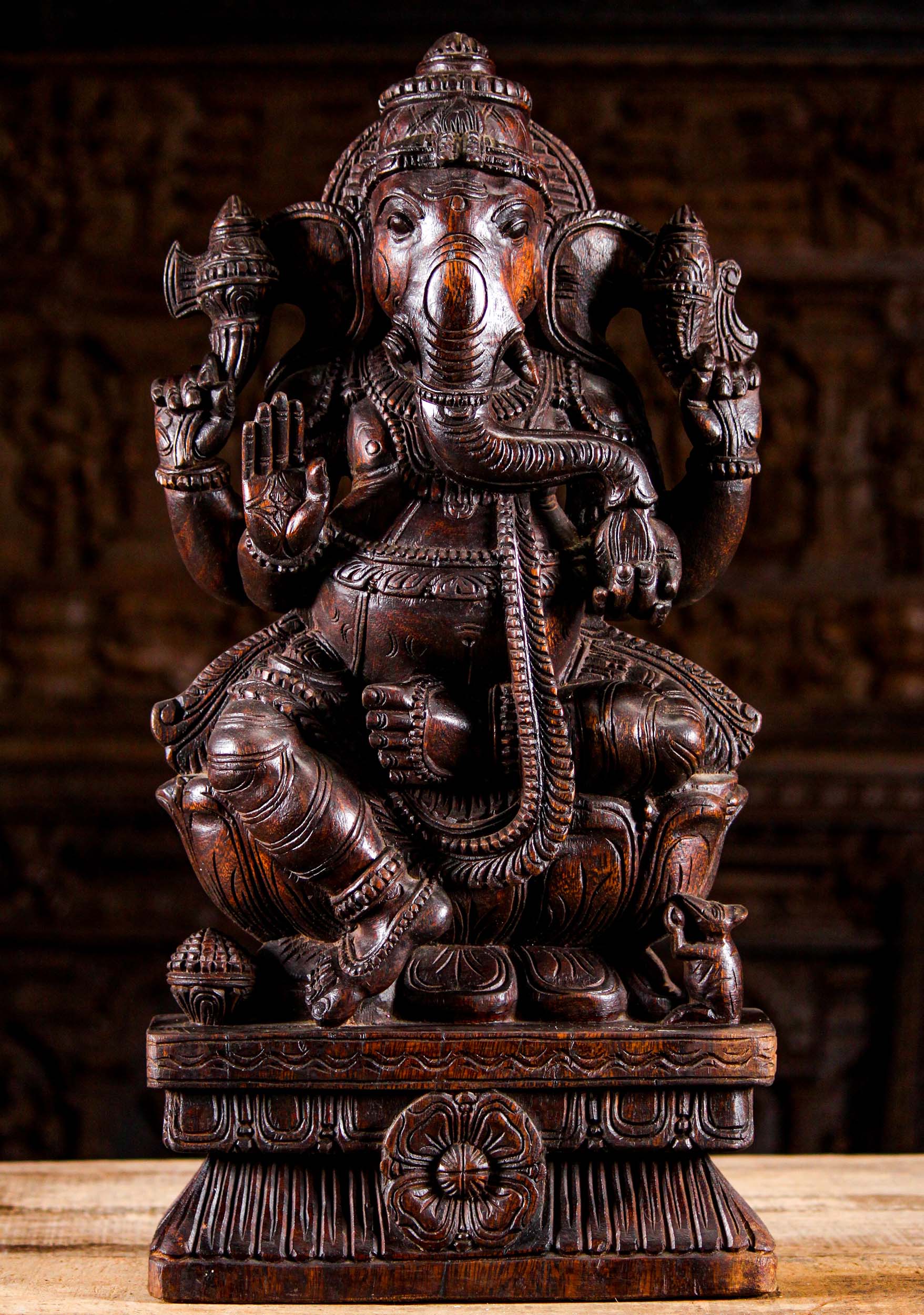 Wood Ganesh Sculpture in the Abhaya Mudra 24"