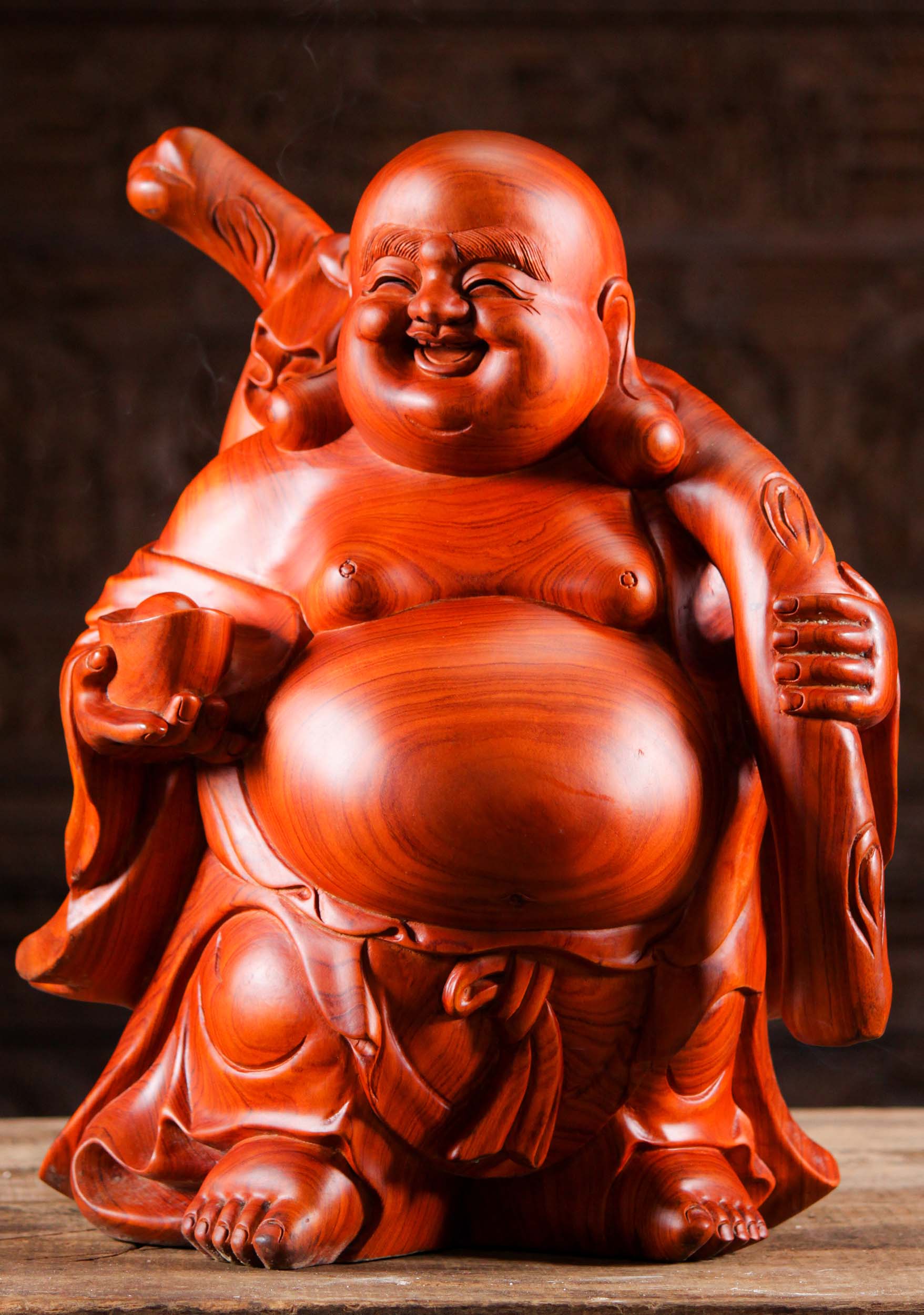 Wood Jolly Fat & Happy Buddha of Wealth Holding Sack of Gold Hand