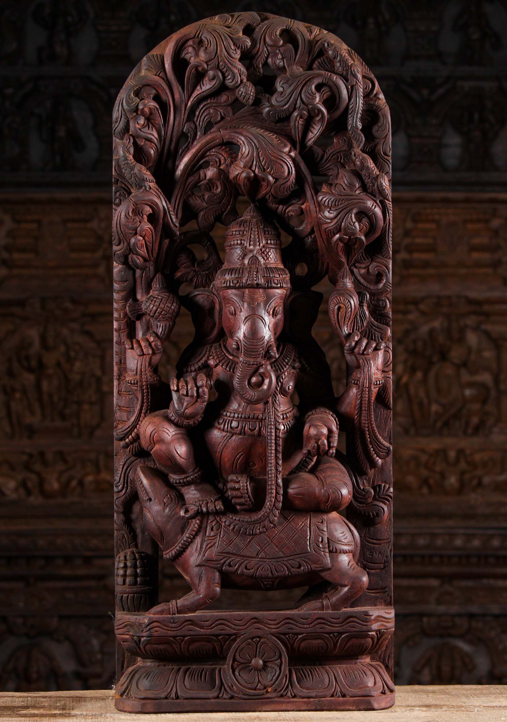 Wood Ganesh Seated on Mooshika Sculpture 36"