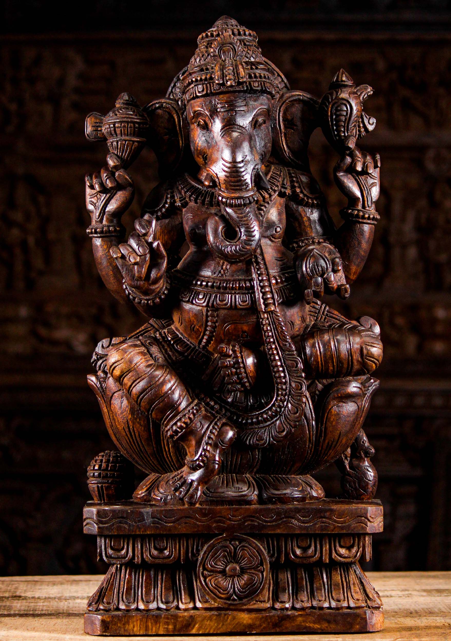 Wood Ganesha Holding Tusk with Rat Statue 24"