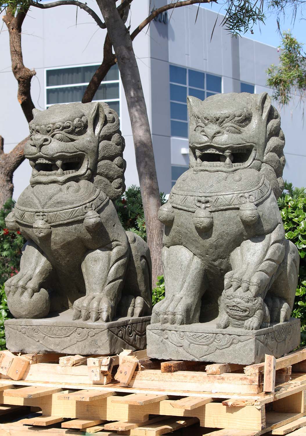 Stone Large Pair of Hand Carved Foo Dog Sculptures Perfect for the Garden 40"