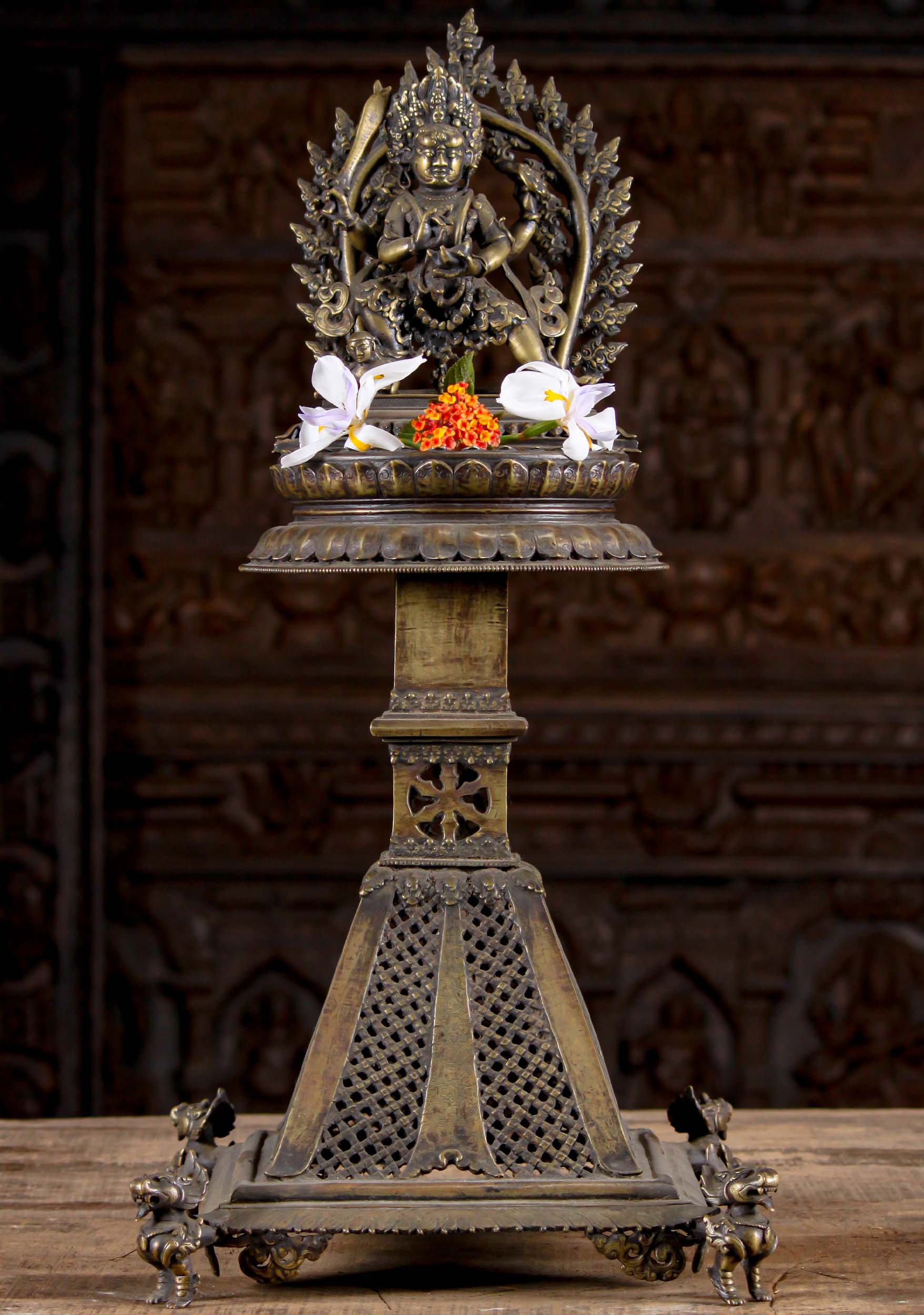 Unique 19th Century Antique Bronze Nepali Incense Burner of Mahakala Holding a Sword 27.5"