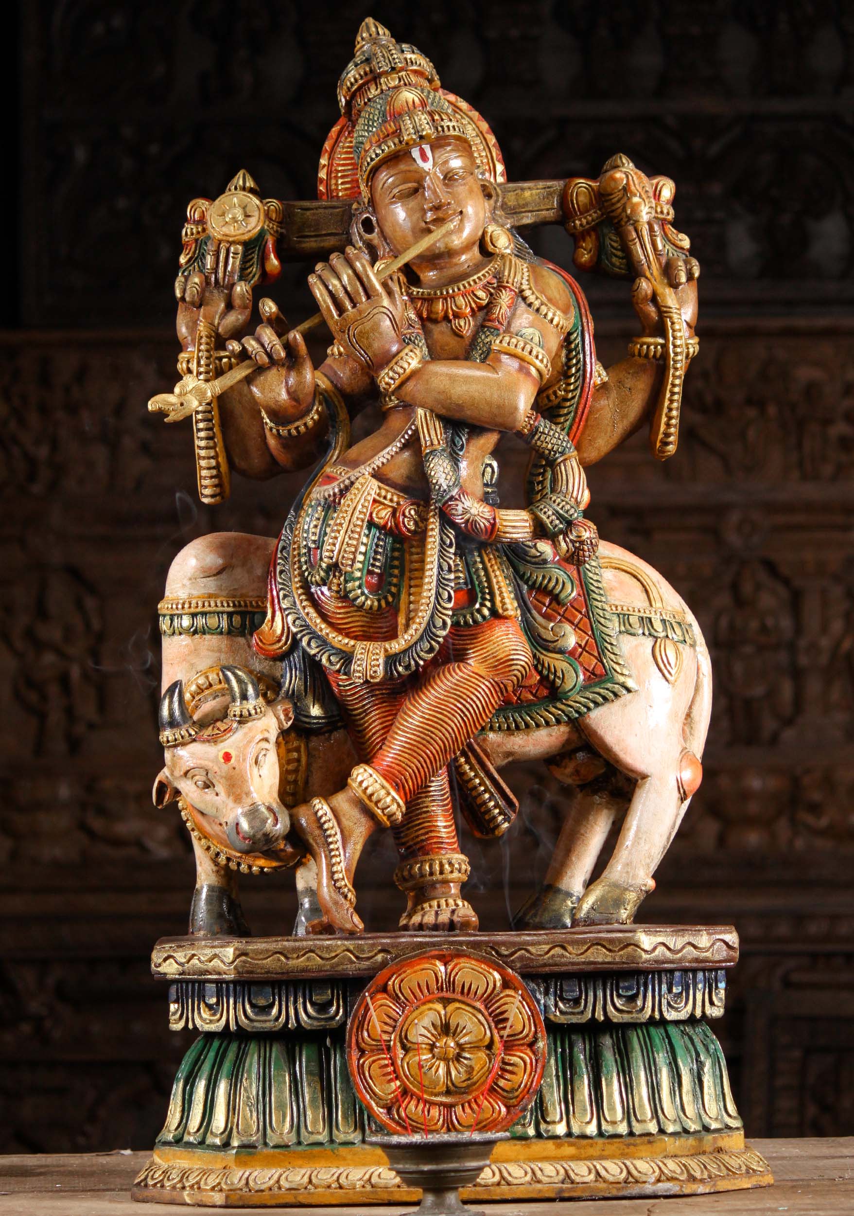 Wooden Krishna Playing the Flute with Cow 36"