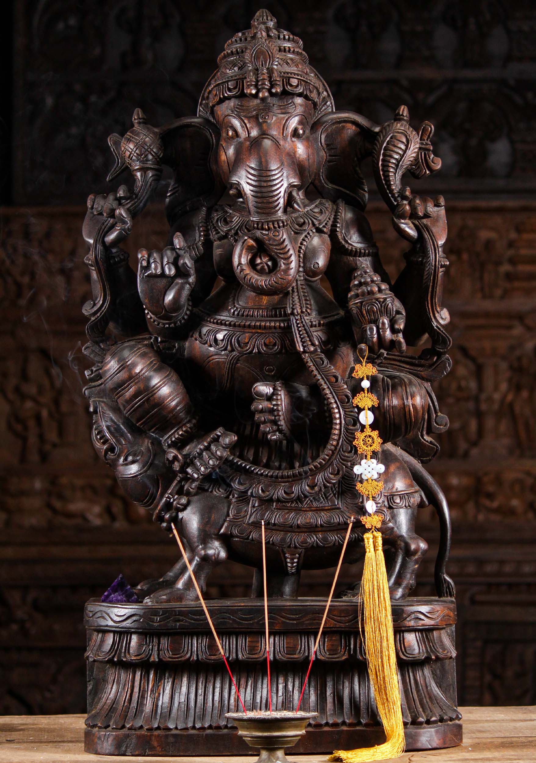 Dark Wood Ganesha Statue Seated on Rat 36"