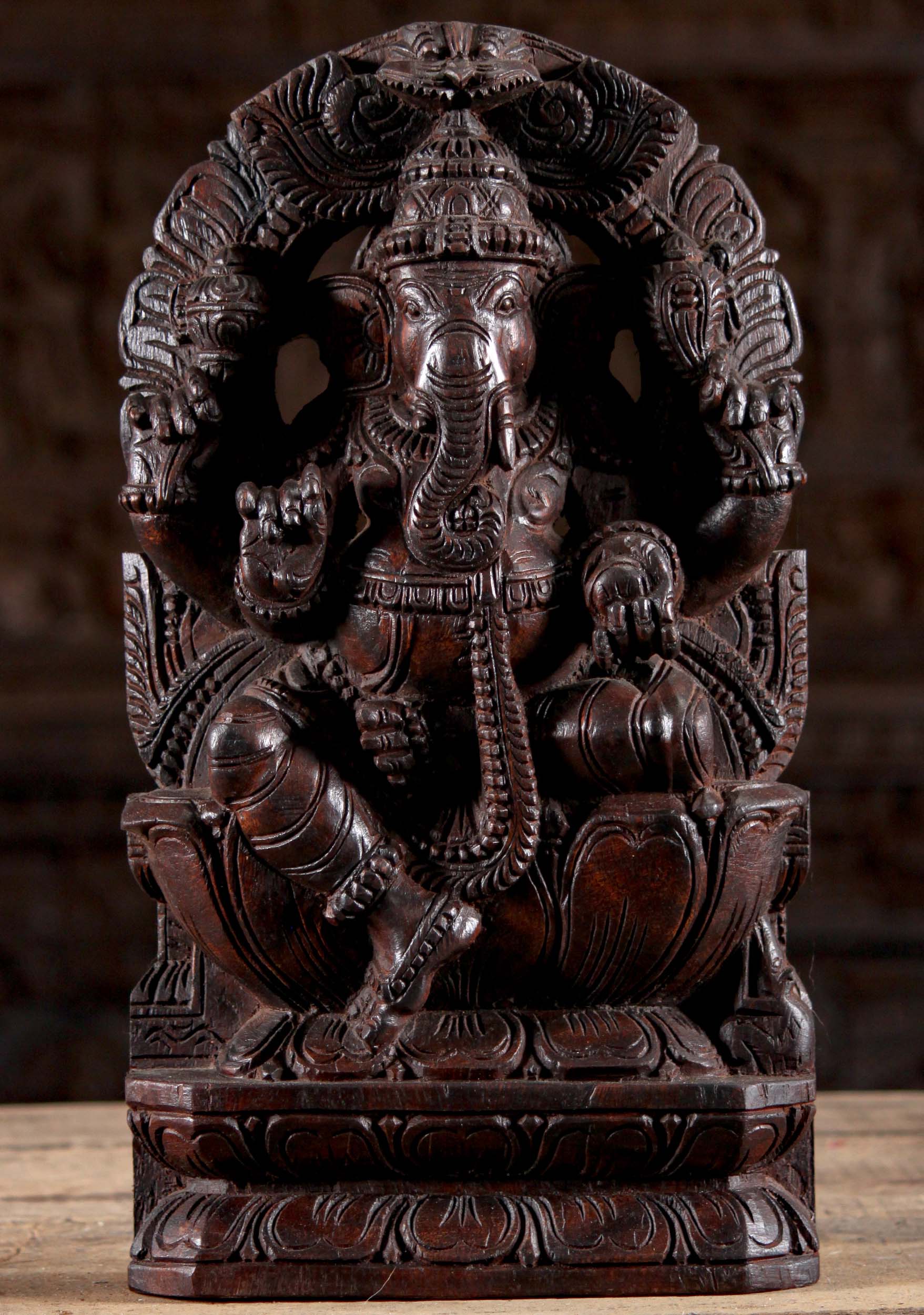 Wood Ganesh Under Arch Sculpture 18"