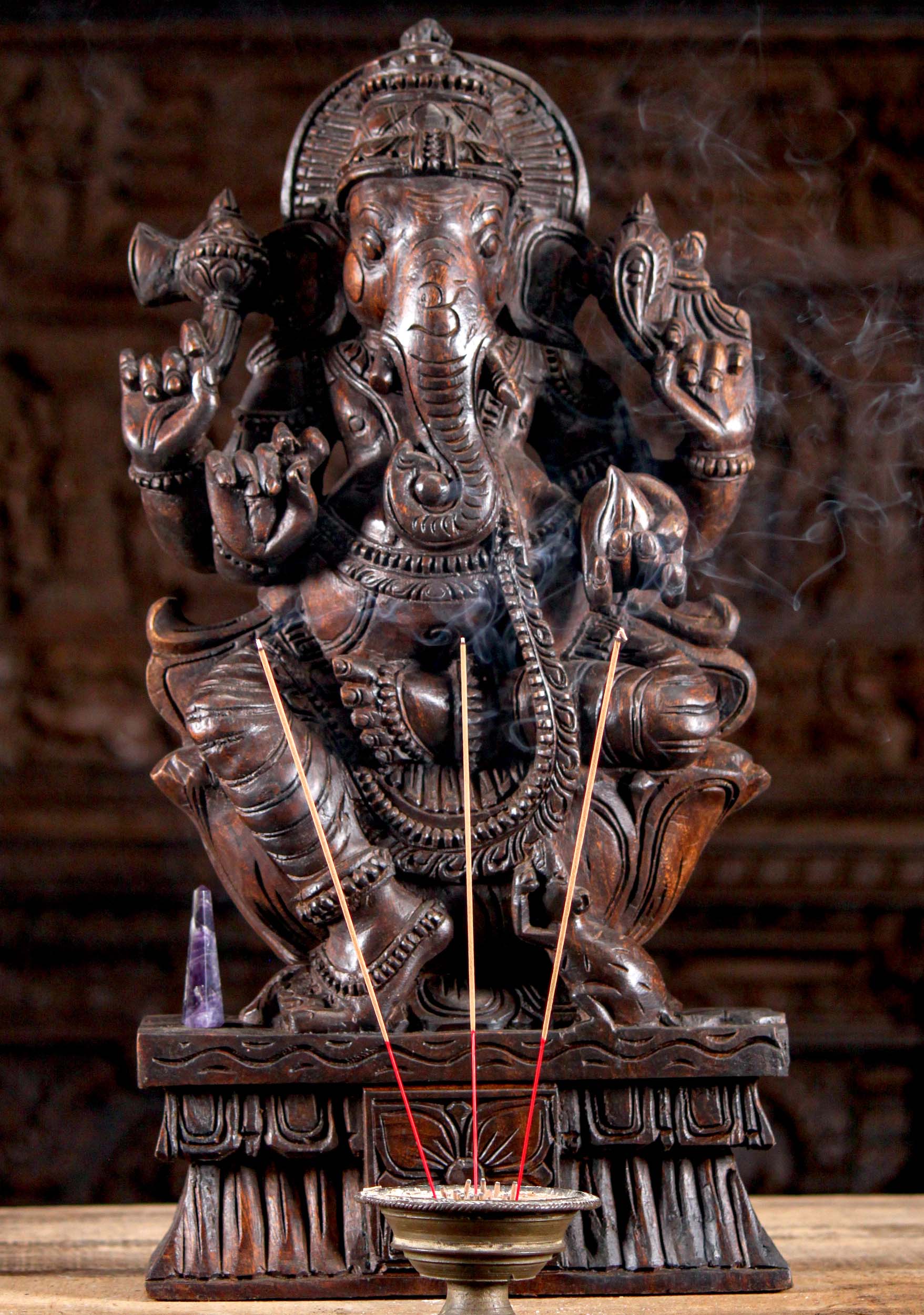 Wood Seated Hand Carved Ganesha Holding His Tusk on a Lotus Base Statue 24"