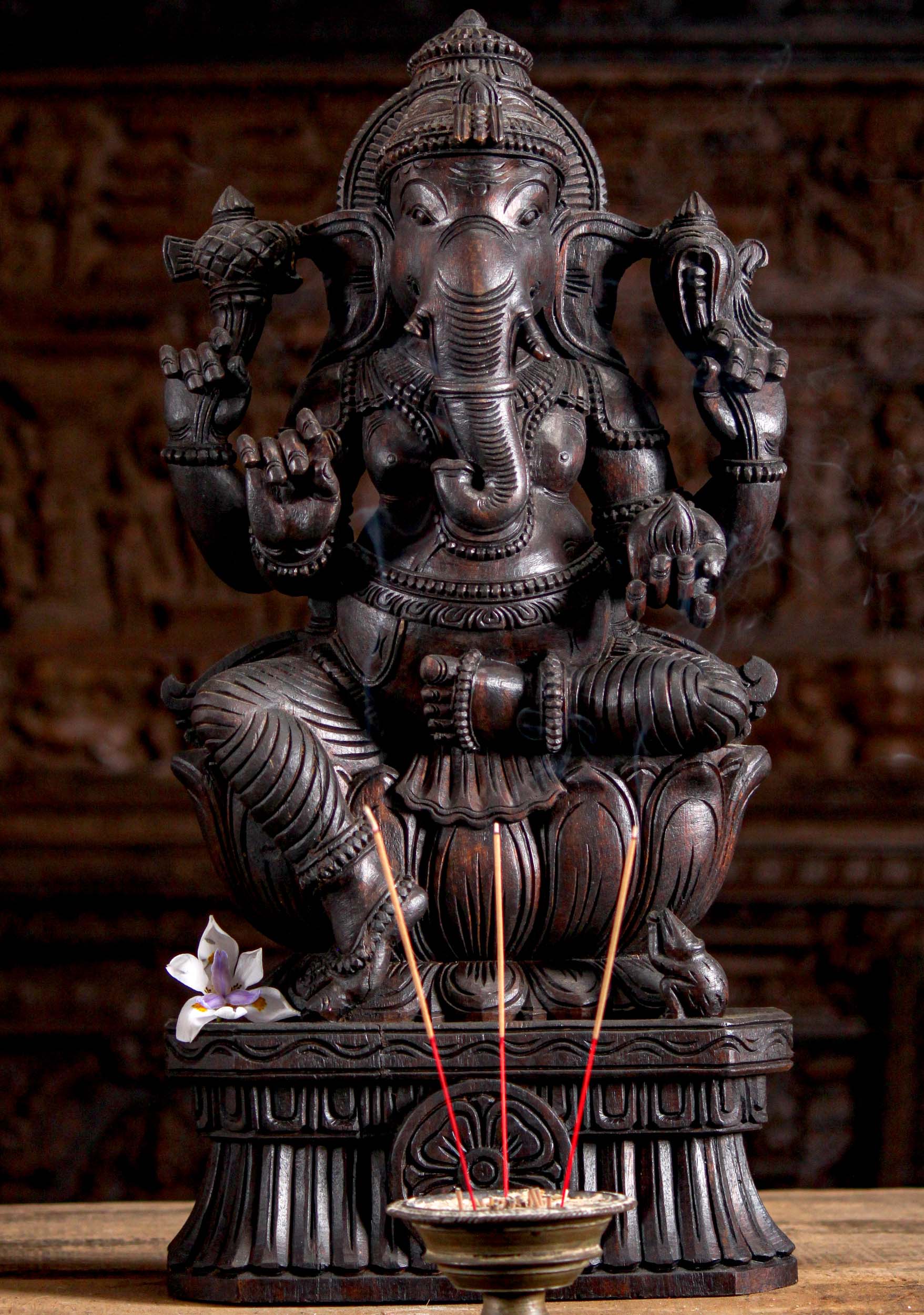 Wood Ganesha Seated on Lotus Base Statue 24"