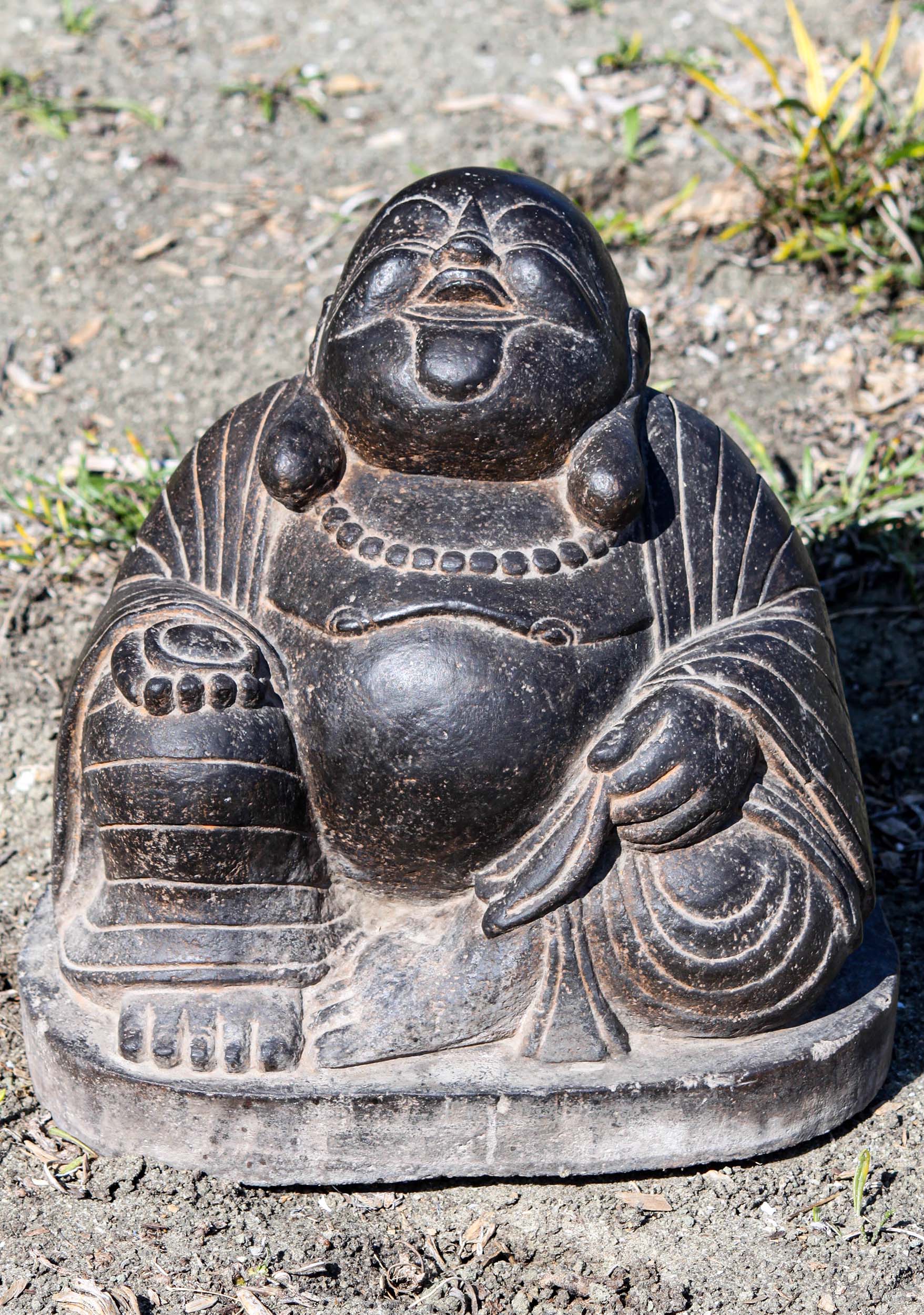 Stone Hand Carved Laughing Lucky Fat & Happy Garden Buddha of Wealth Sculpture 13"